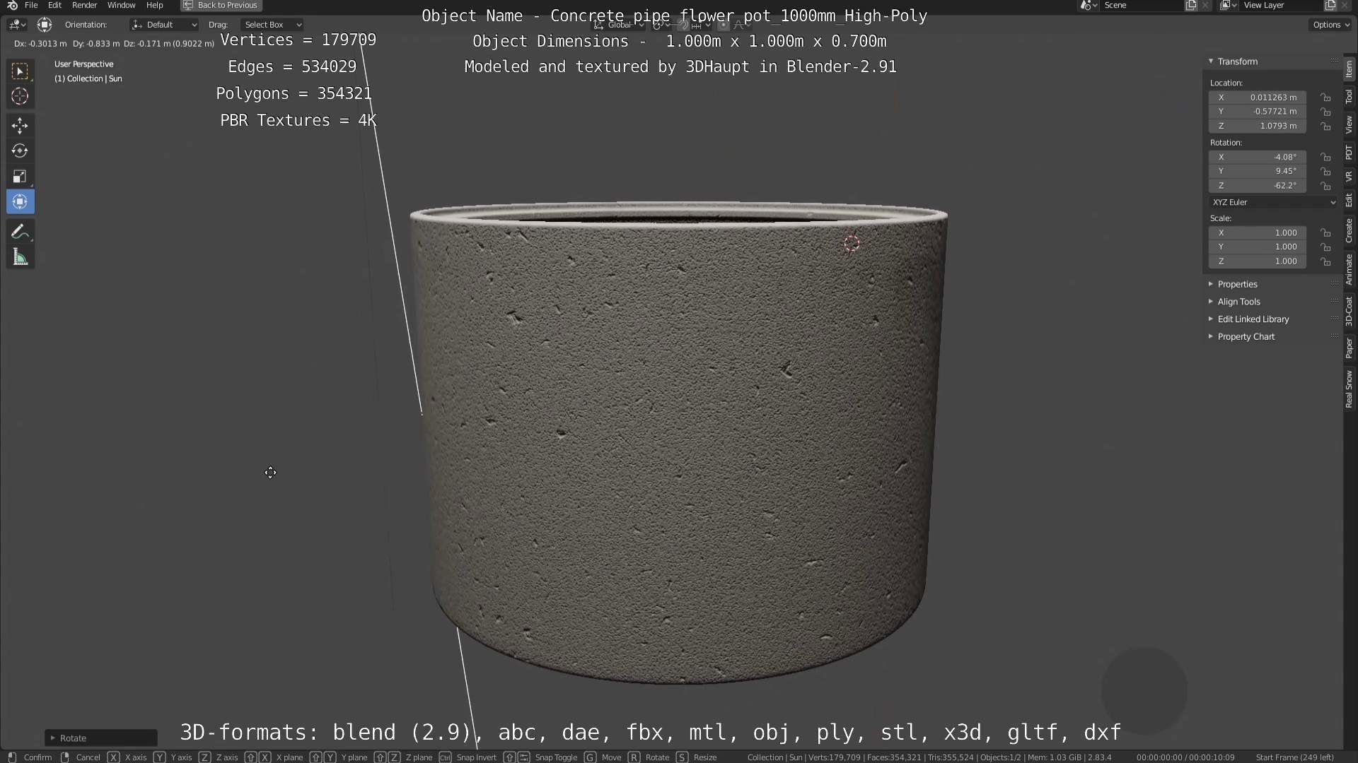 Concrete Pipe Flower Pot 1000mm High-Poly 3D model_83