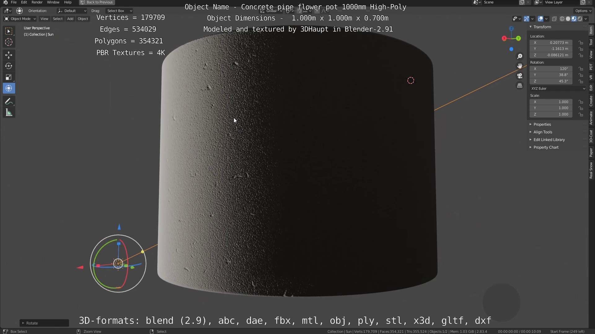 Concrete Pipe Flower Pot 1000mm High-Poly 3D model_20