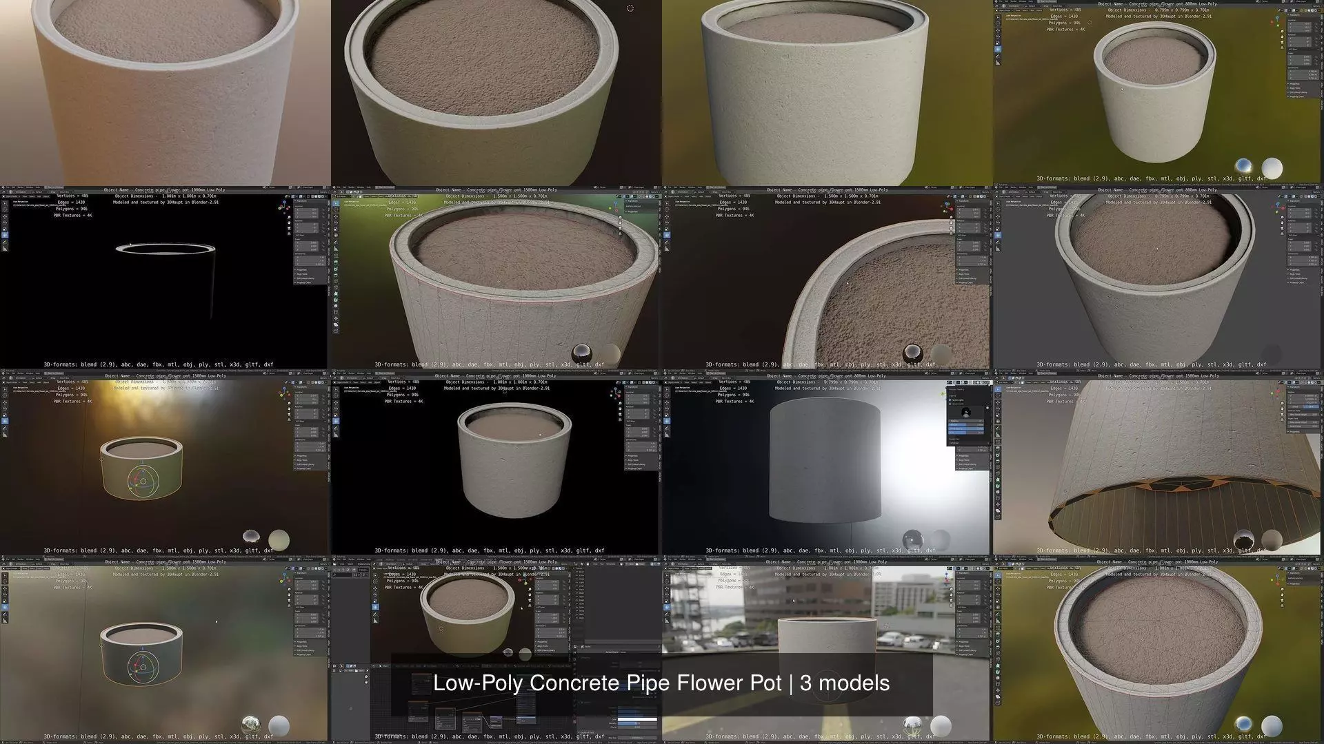 Low-Poly Concrete Pipe Flower Pot 3D Model Collection_0