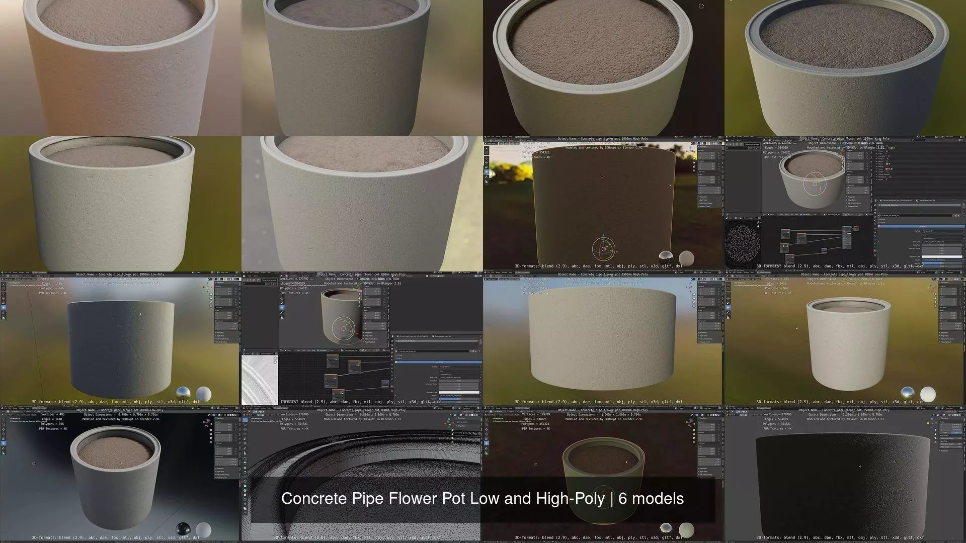 Concrete Pipe Flower Pot Low and High-Poly 3D Model Collection_0