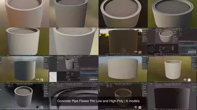Concrete Pipe Flower Pot Low and High-Poly 3D Model Collection