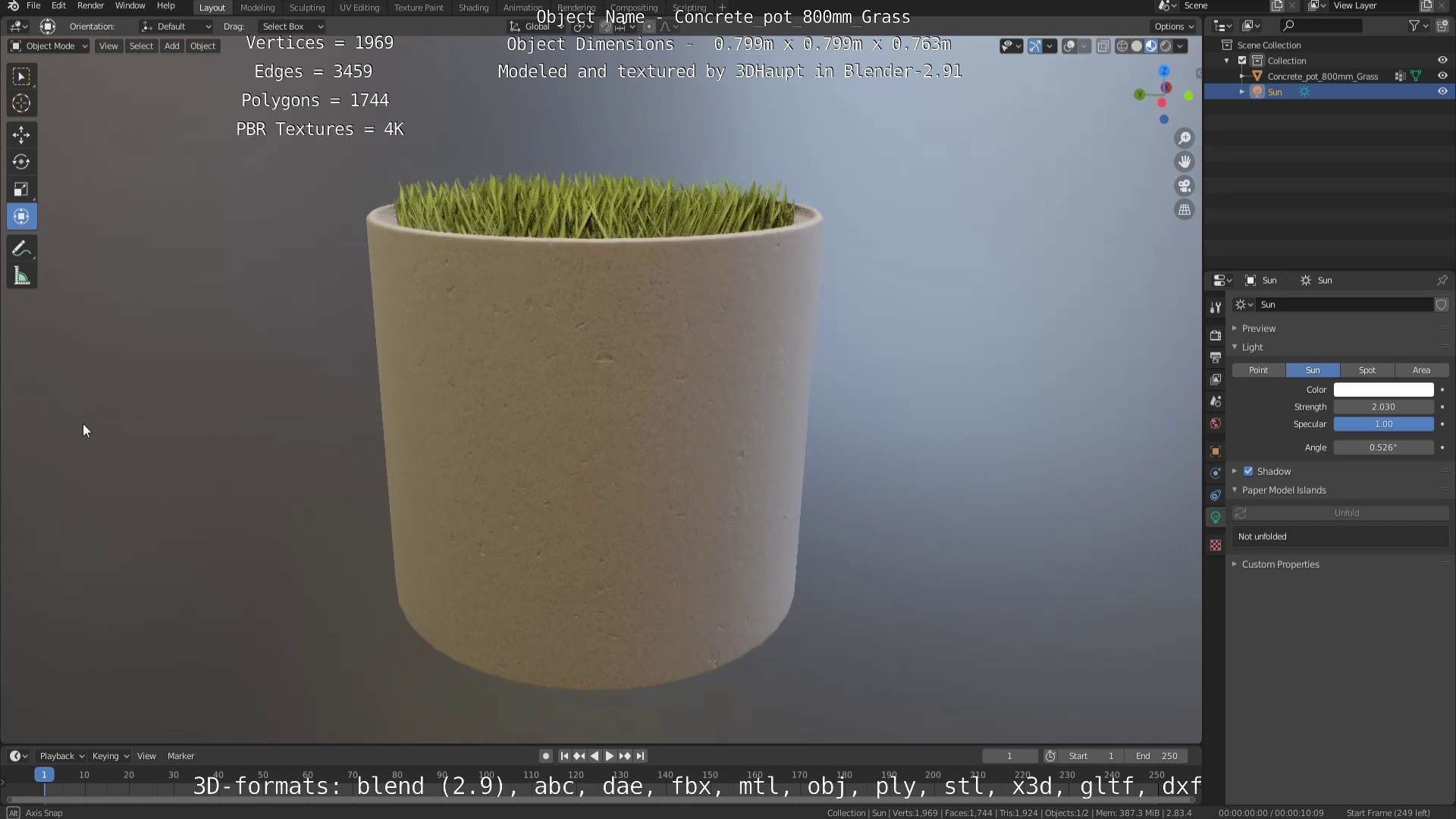Concrete Pipe Pots with Grass 800mm Low-poly 3D model_5