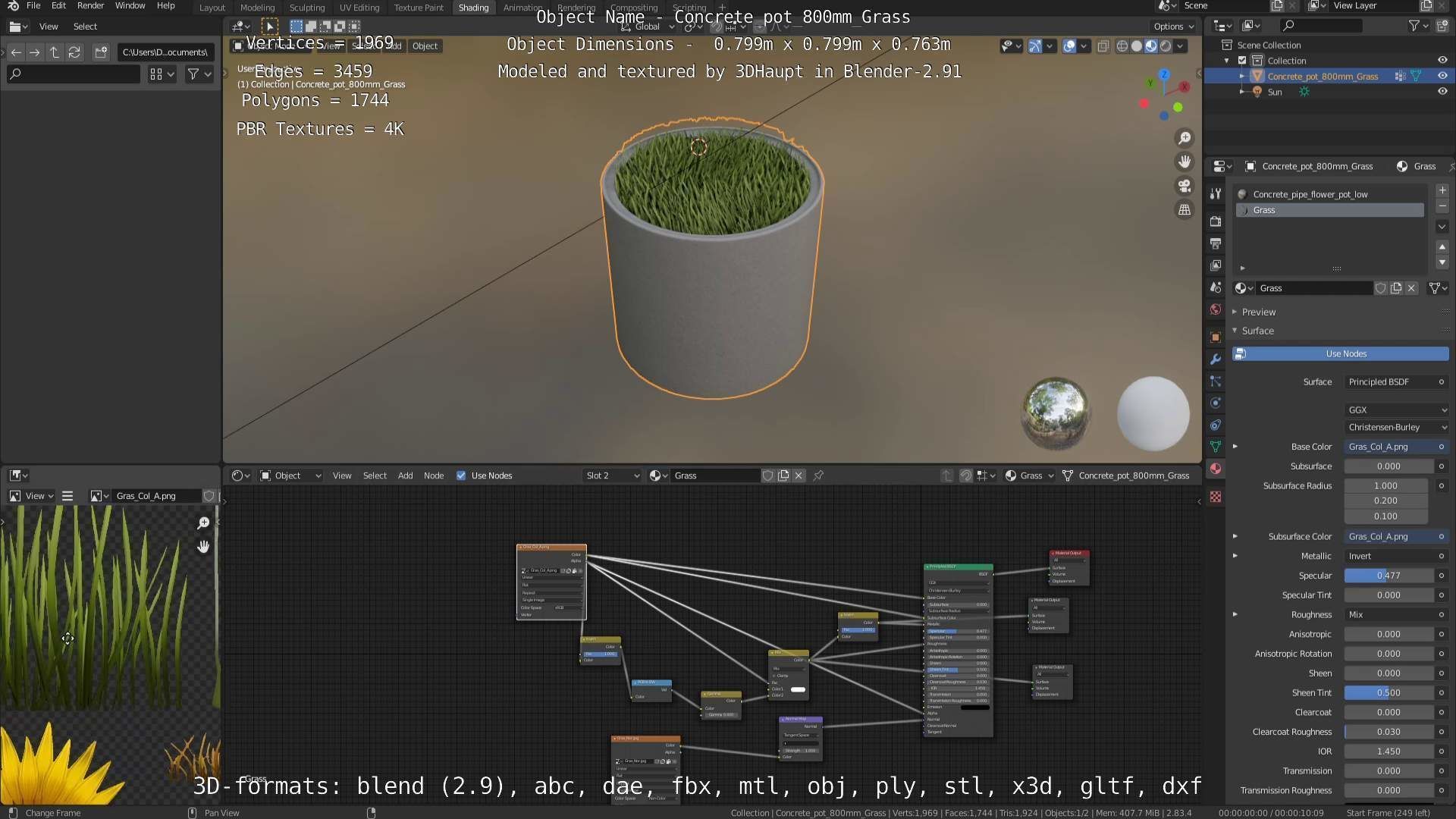 Concrete Pipe Pots with Grass 800mm Low-poly 3D model_91