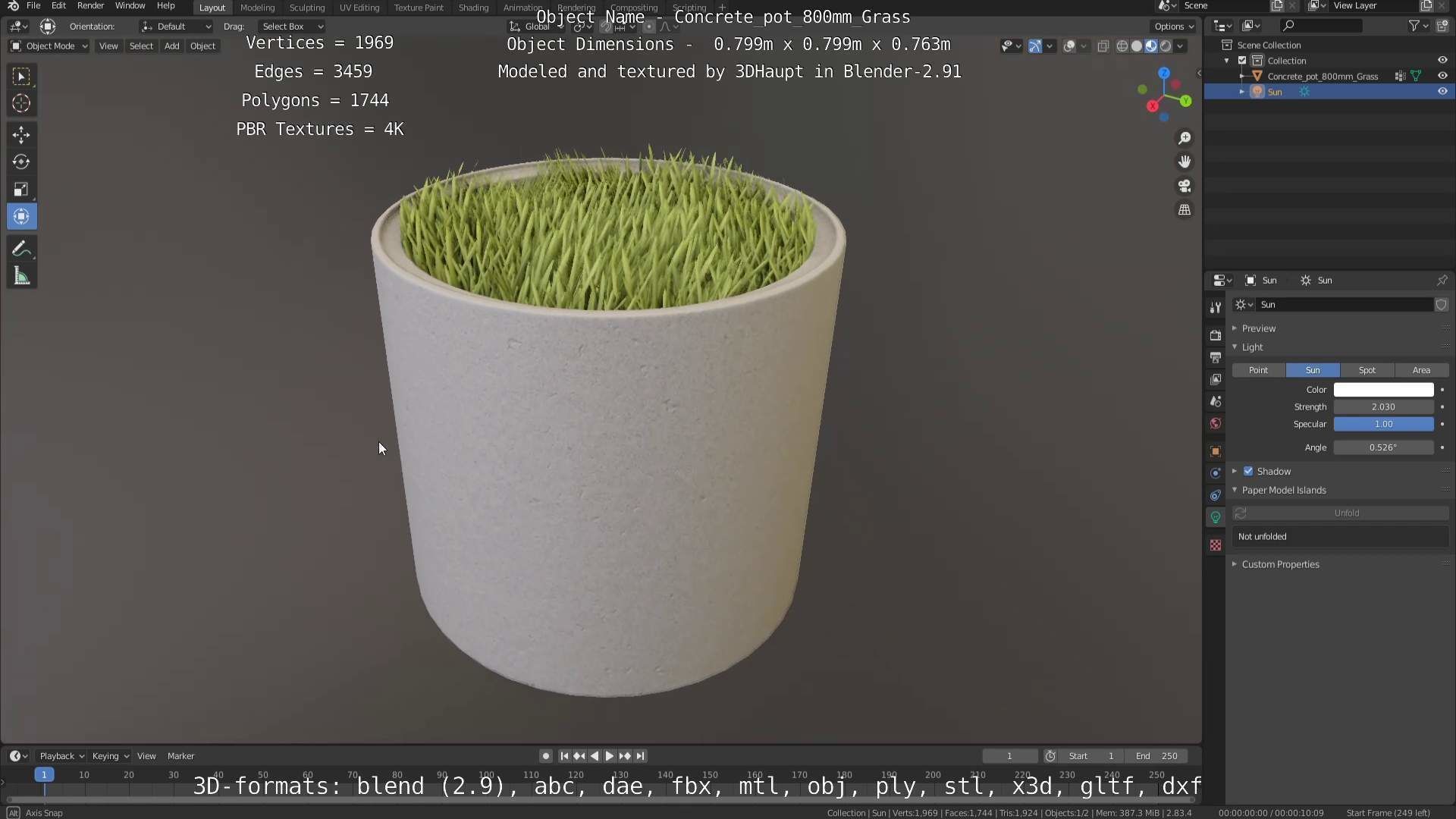 Concrete Pipe Pots with Grass 800mm Low-poly 3D model_55