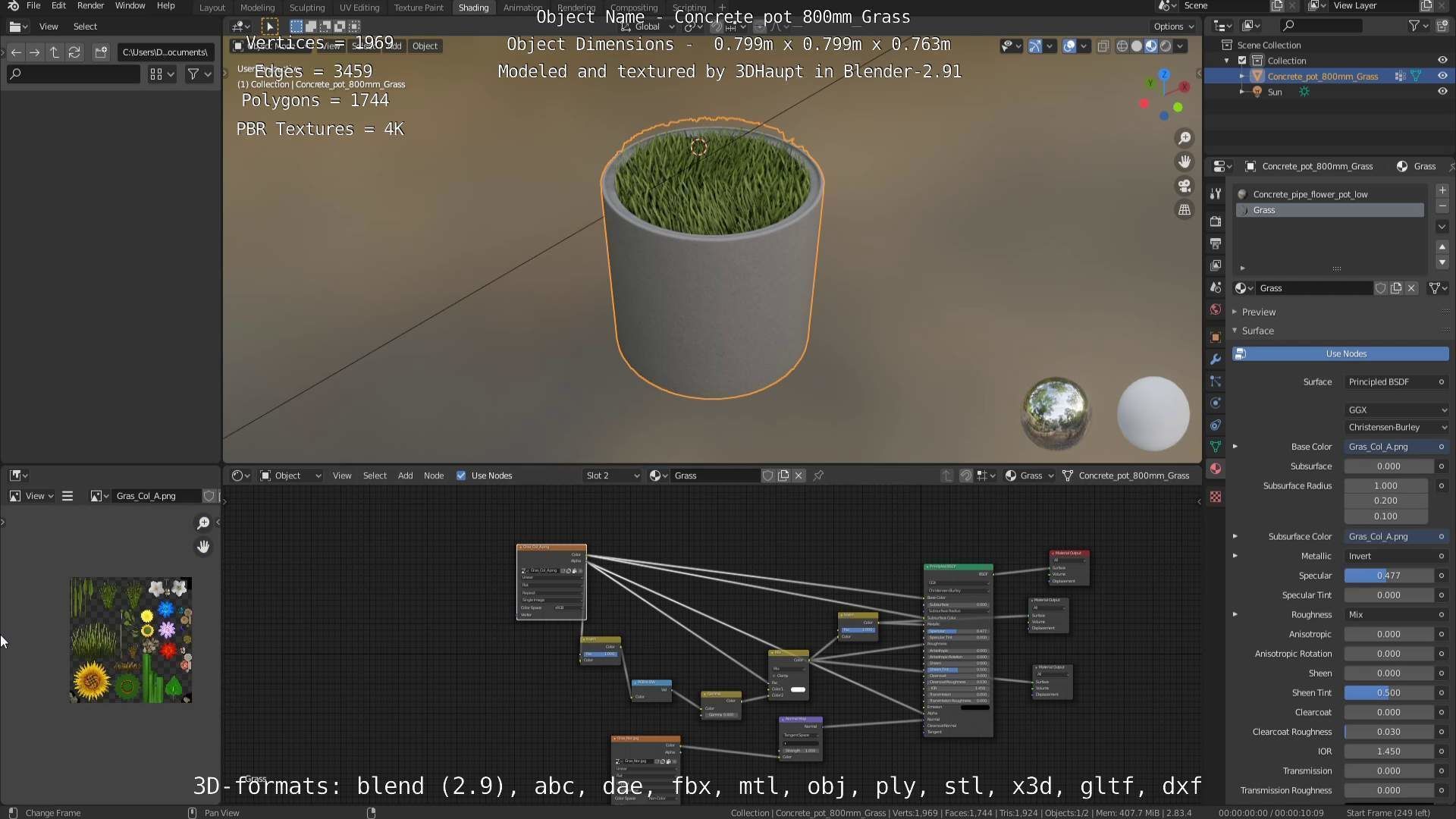 Concrete Pipe Pots with Grass 800mm Low-poly 3D model_89