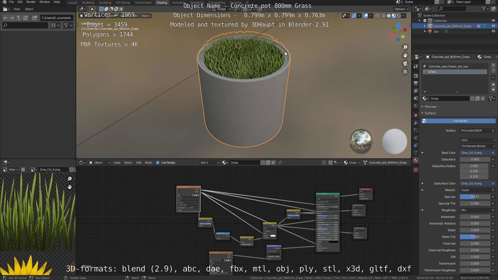 Concrete Pipe Pots with Grass 800mm Low-poly 3D model_93