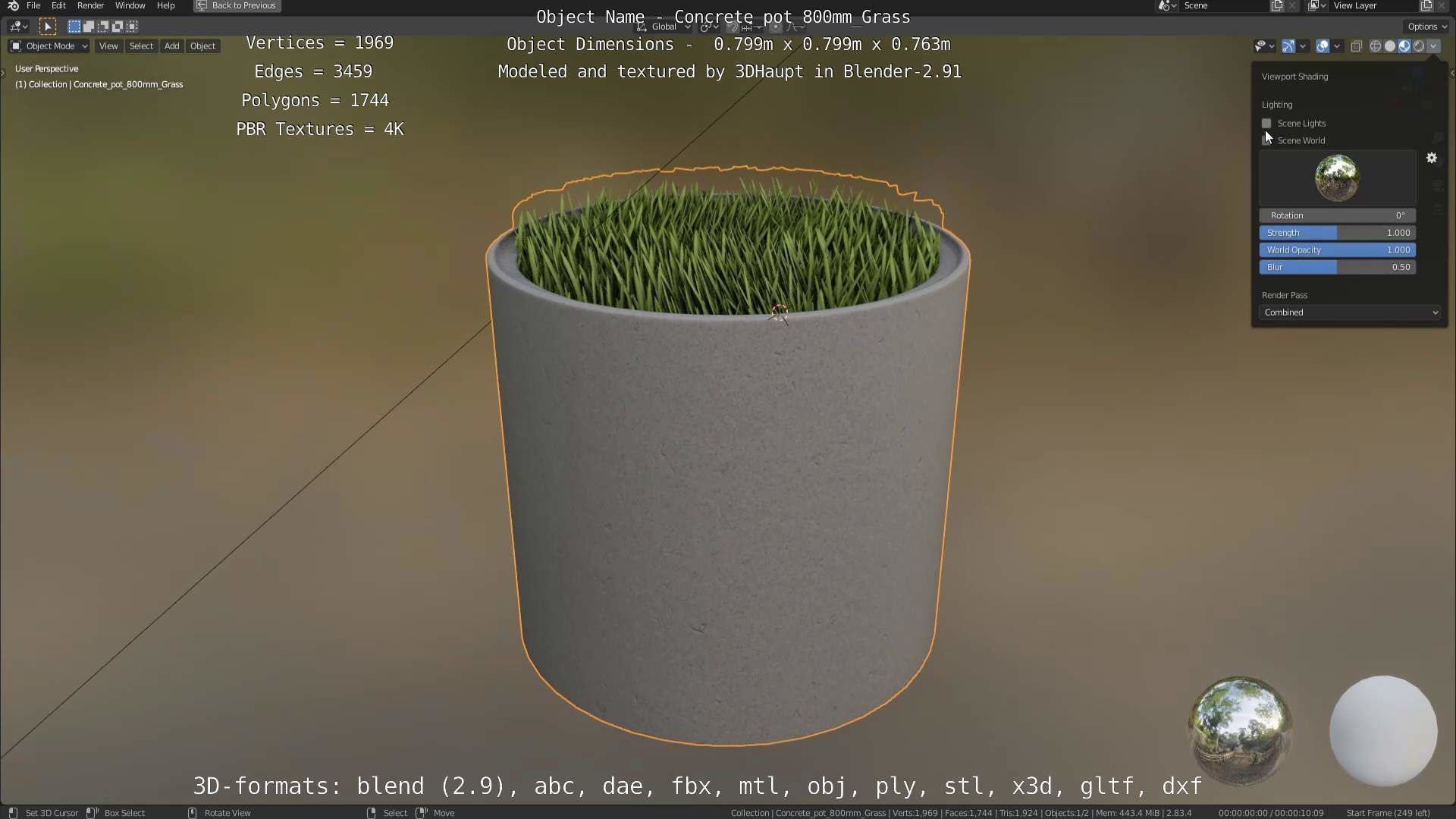 Concrete Pipe Pots with Grass 800mm Low-poly 3D model_99