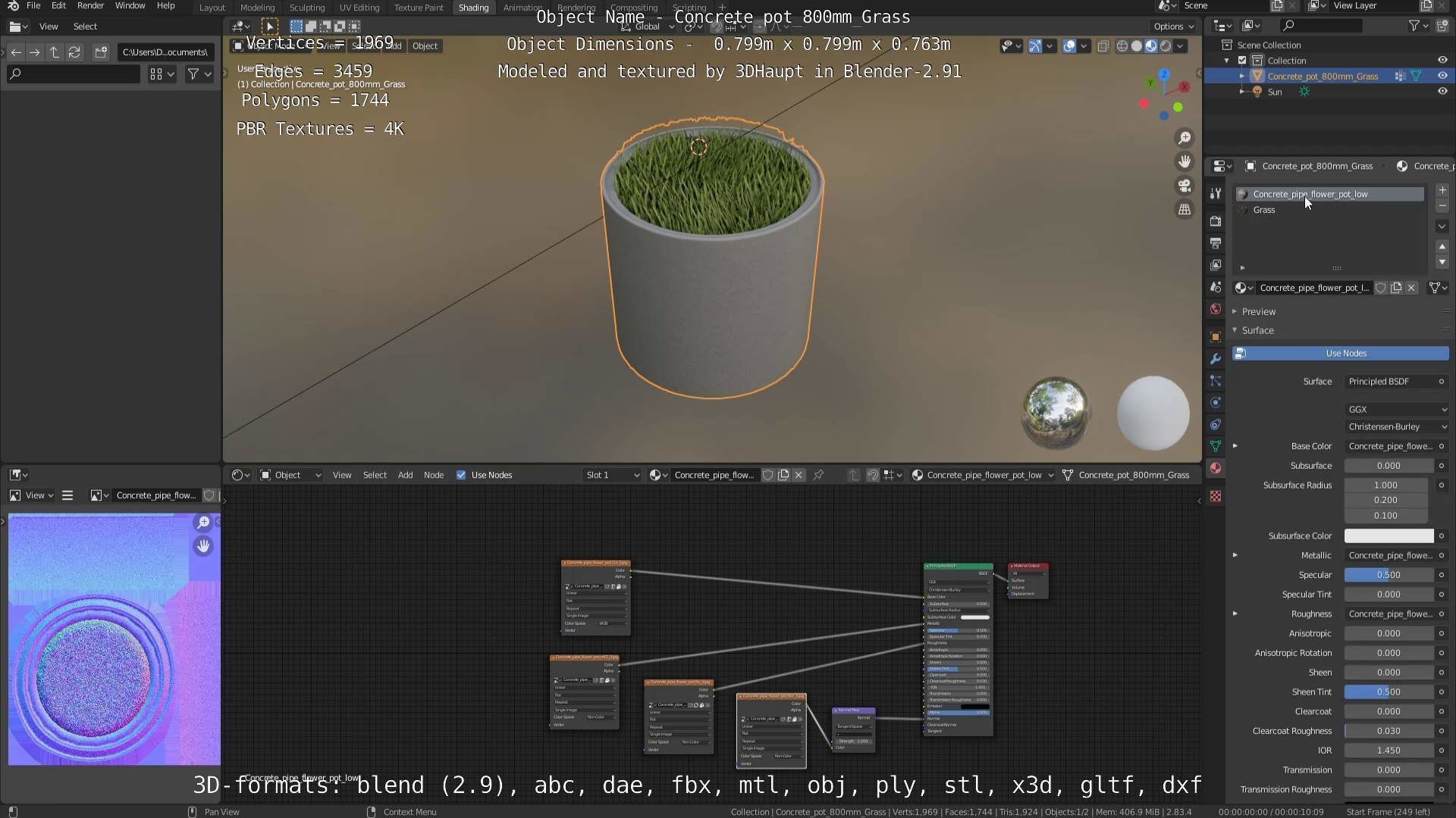Concrete Pipe Pots with Grass 800mm Low-poly 3D model_84