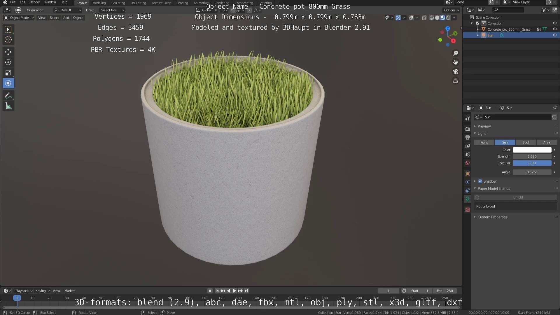 Concrete Pipe Pots with Grass 800mm Low-poly 3D model_3