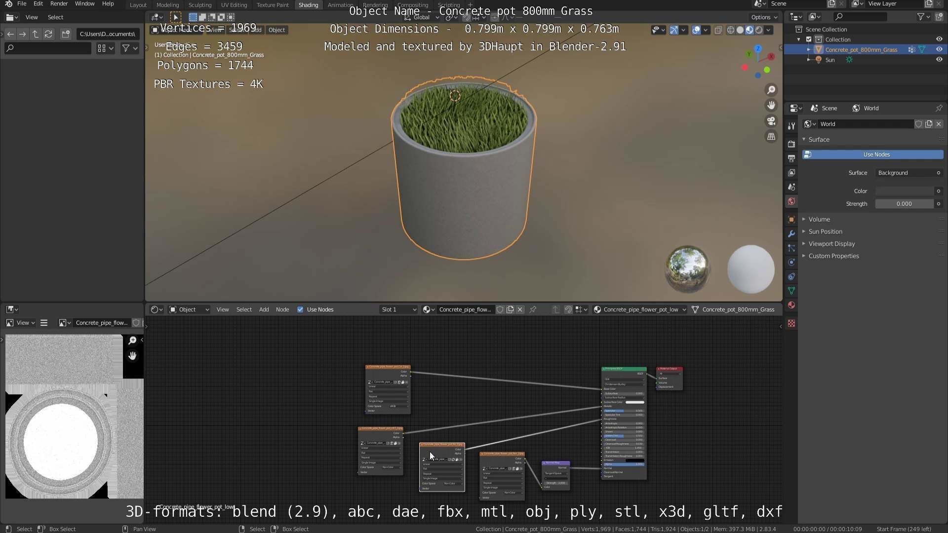 Concrete Pipe Pots with Grass 800mm Low-poly 3D model_75