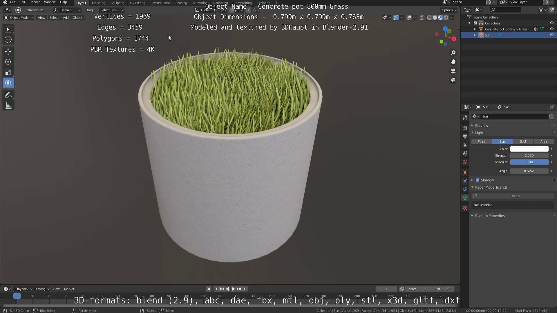 Concrete Pipe Pots with Grass 800mm Low-poly 3D model_7
