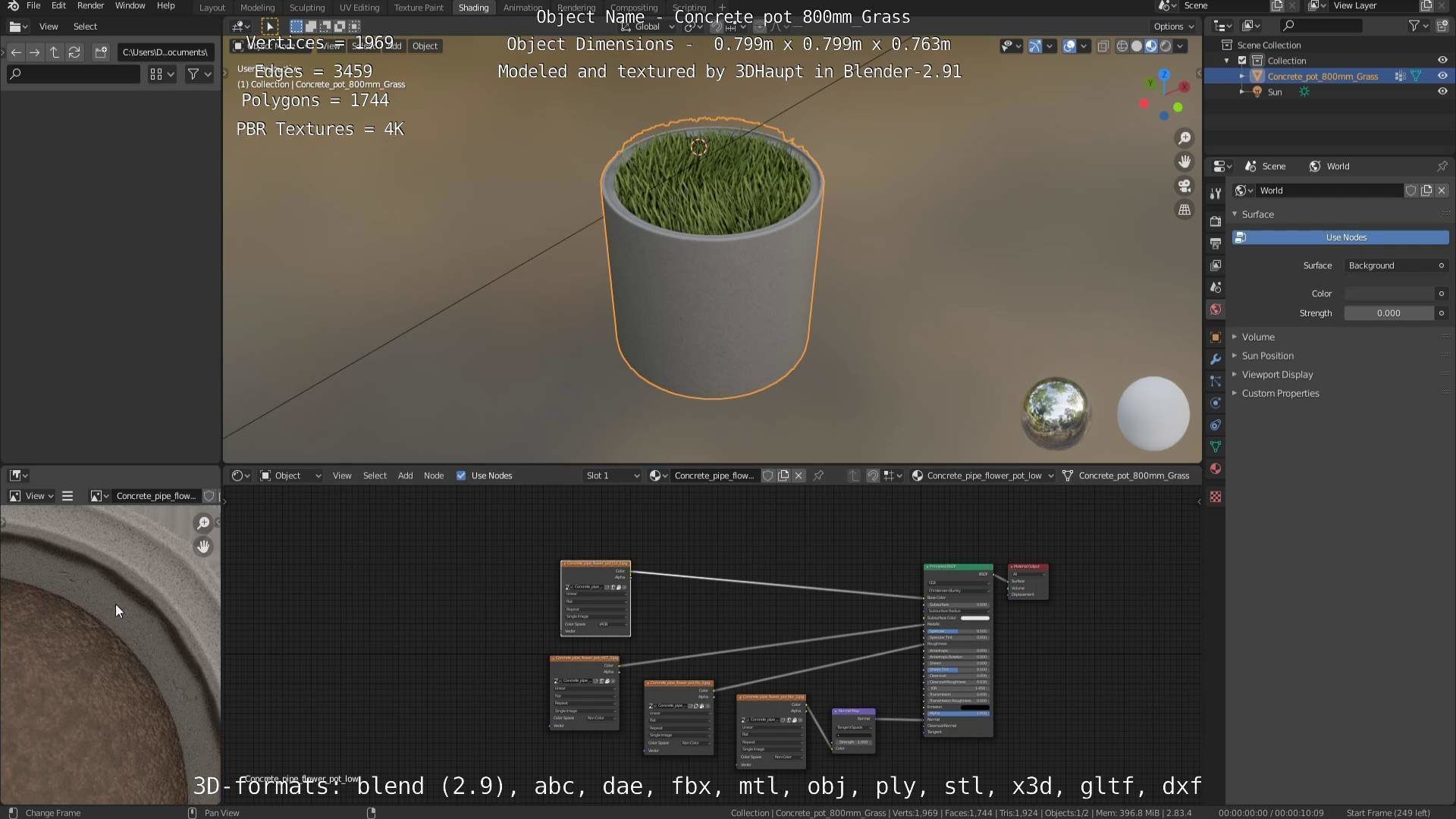 Concrete Pipe Pots with Grass 800mm Low-poly 3D model_70