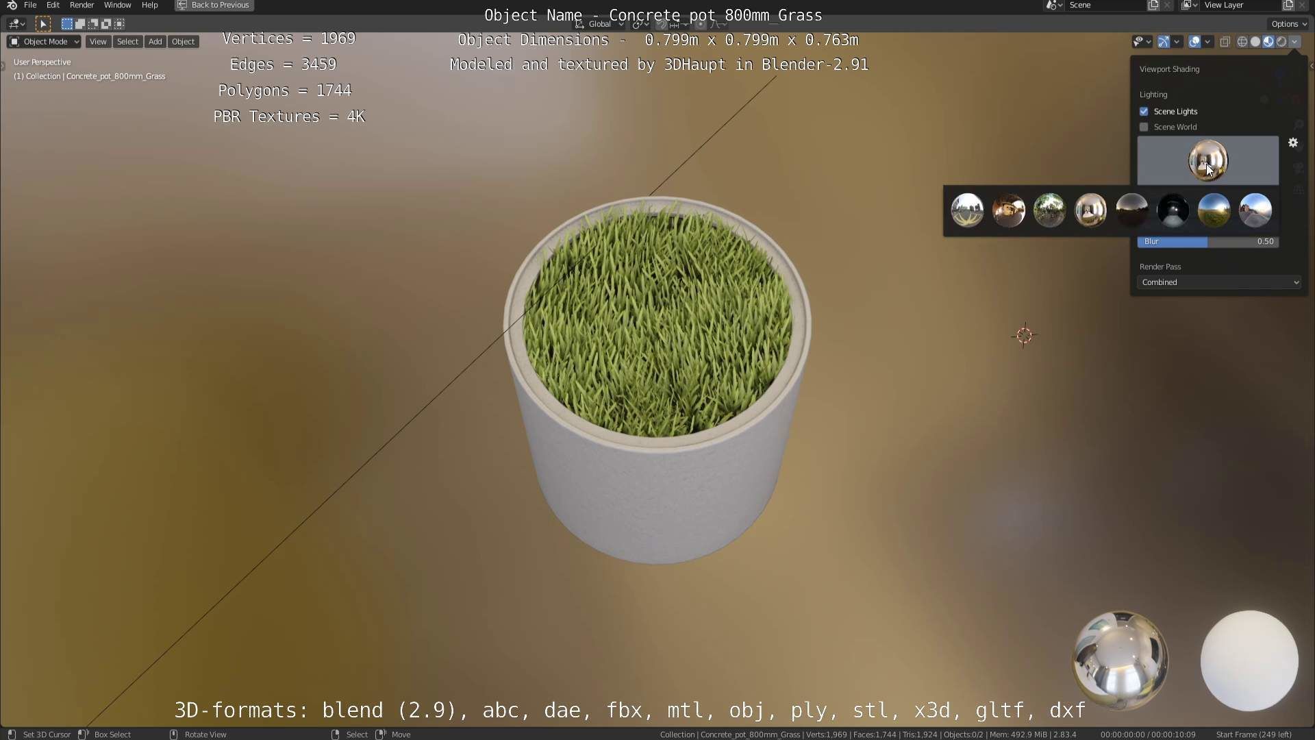 Concrete Pipe Pots with Grass 800mm Low-poly 3D model_38