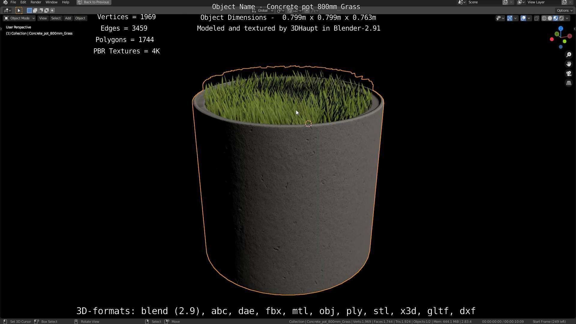 Concrete Pipe Pots with Grass 800mm Low-poly 3D model_107