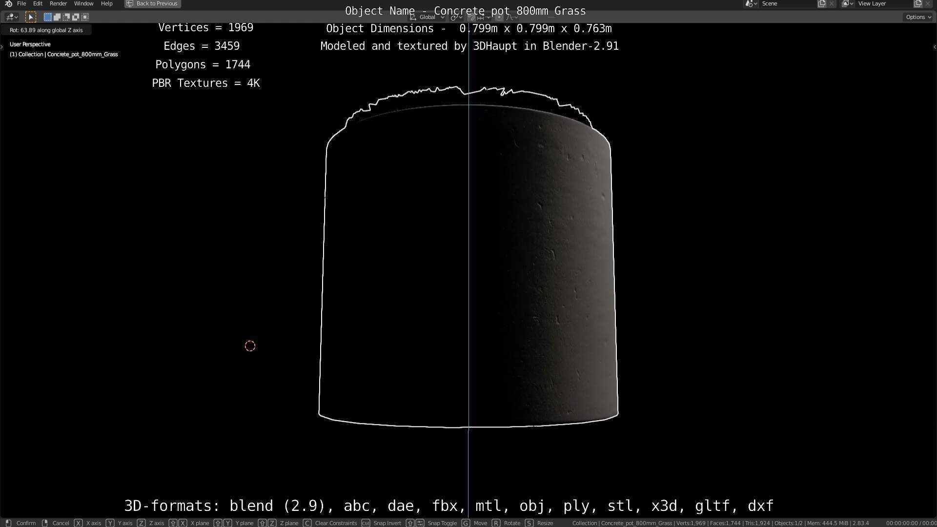 Concrete Pipe Pots with Grass 800mm Low-poly 3D model_24