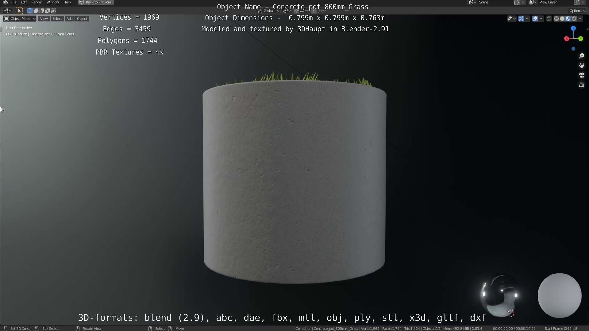Concrete Pipe Pots with Grass 800mm Low-poly 3D model_47