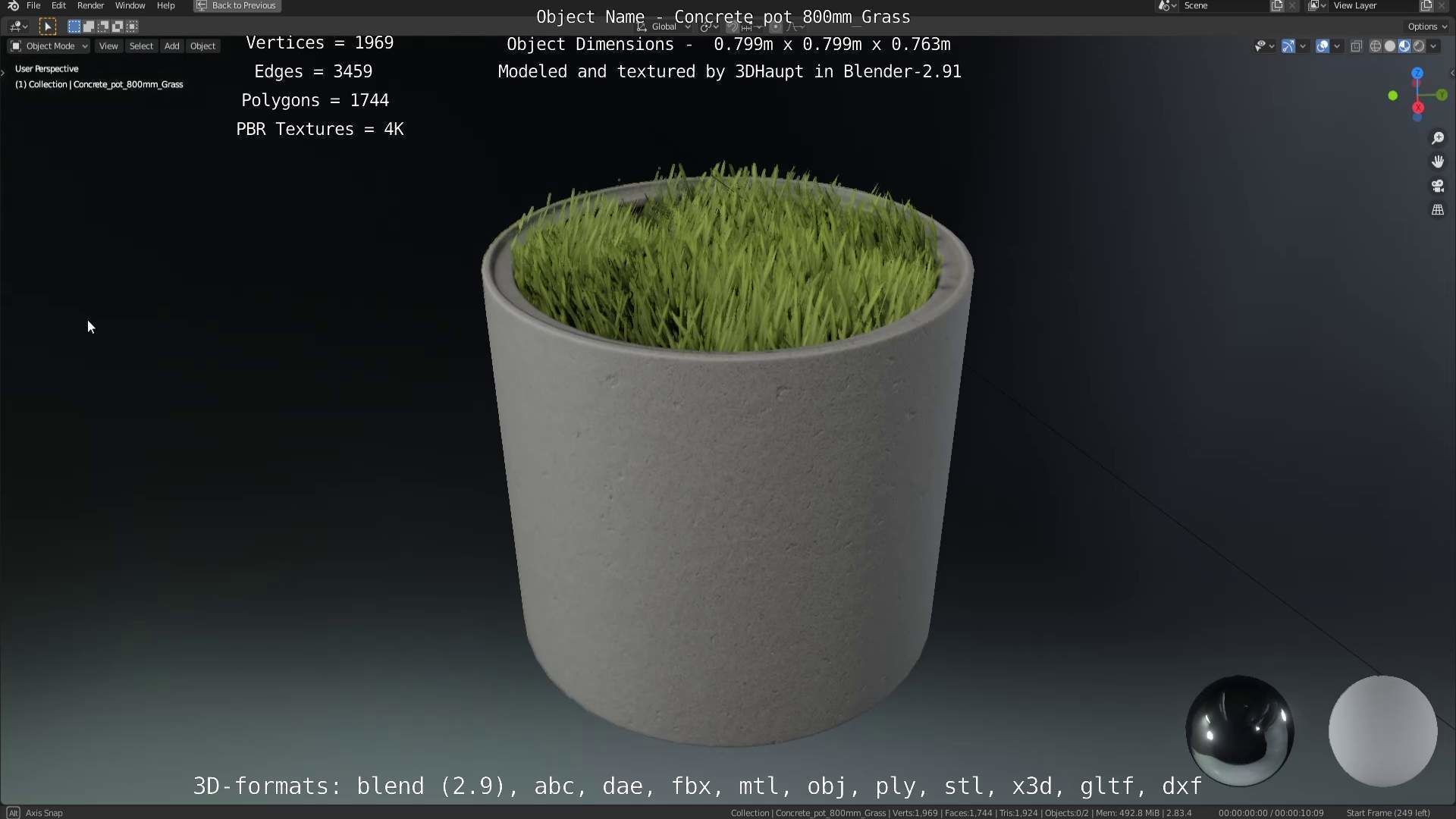 Concrete Pipe Pots with Grass 800mm Low-poly 3D model_49