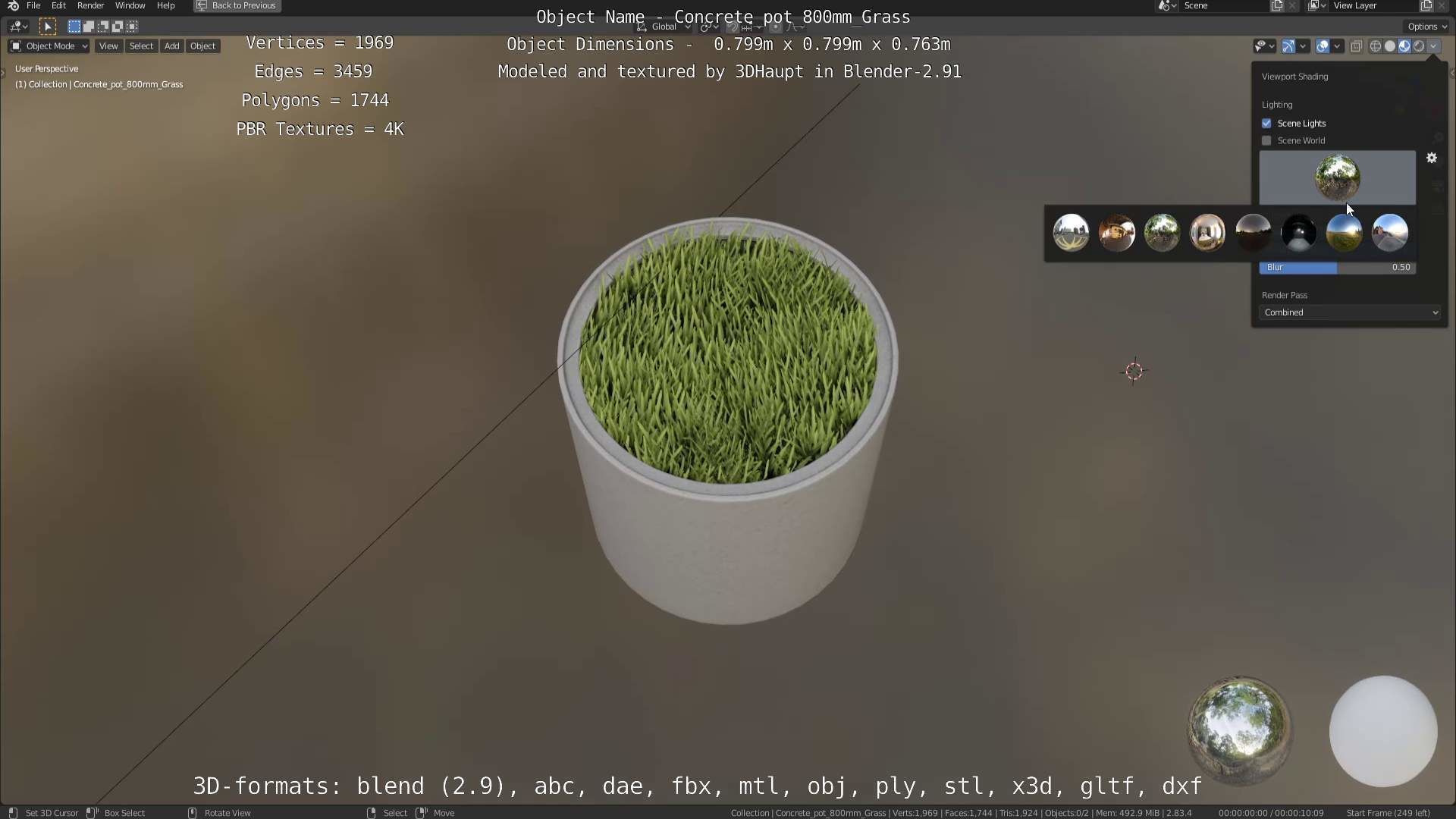 Concrete Pipe Pots with Grass 800mm Low-poly 3D model_36