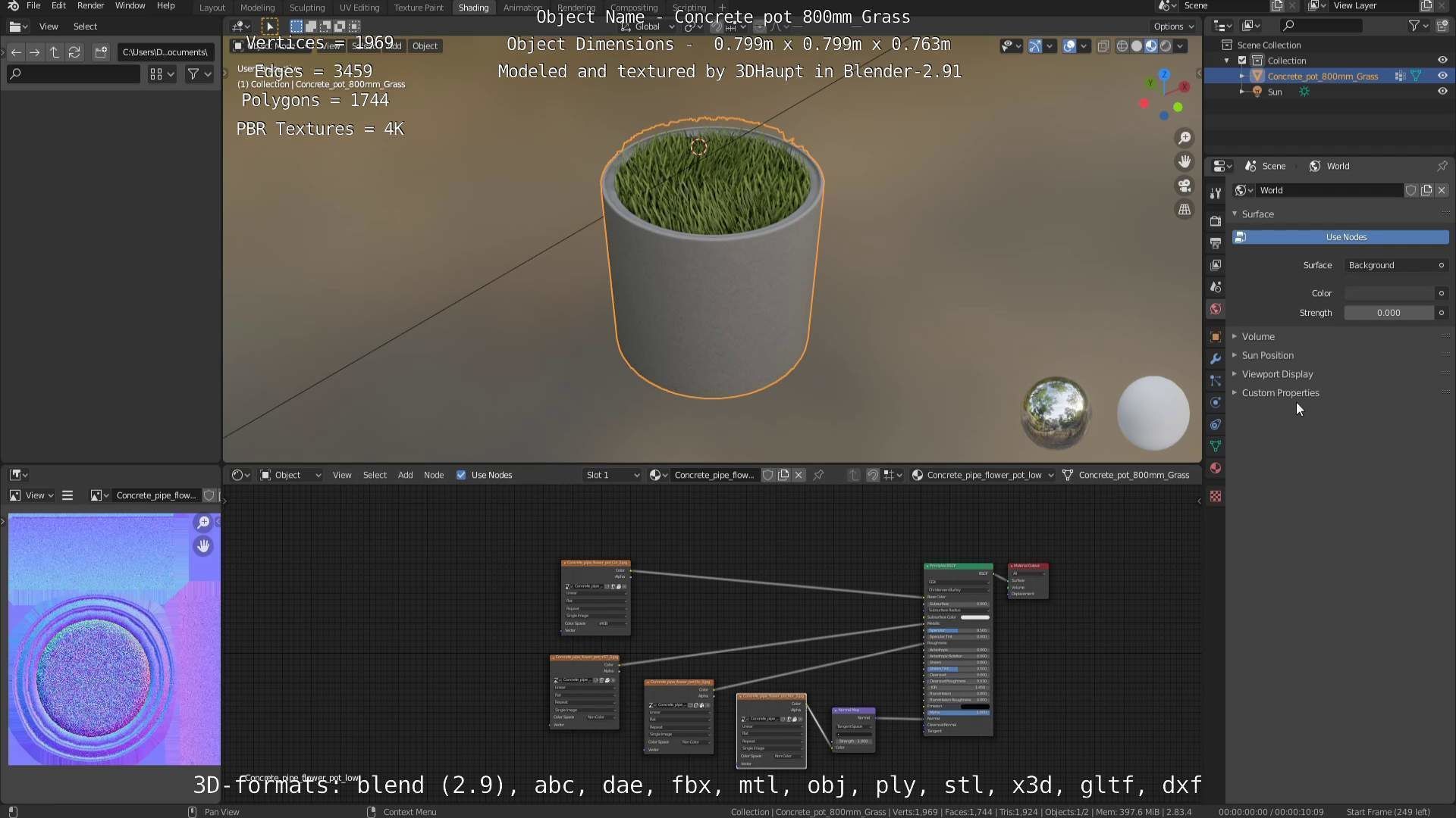Concrete Pipe Pots with Grass 800mm Low-poly 3D model_80