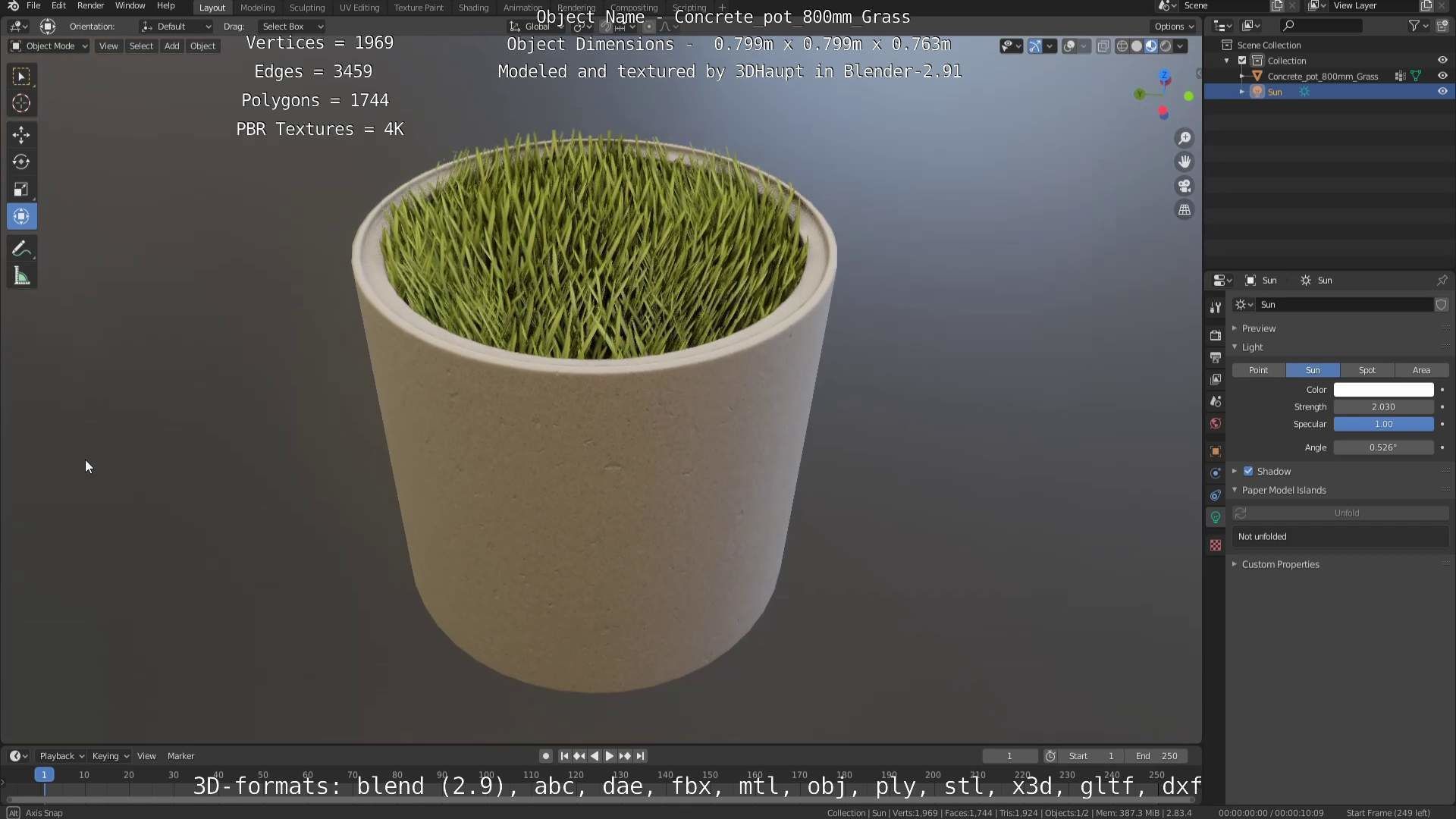 Concrete Pipe Pots with Grass 800mm Low-poly 3D model_60