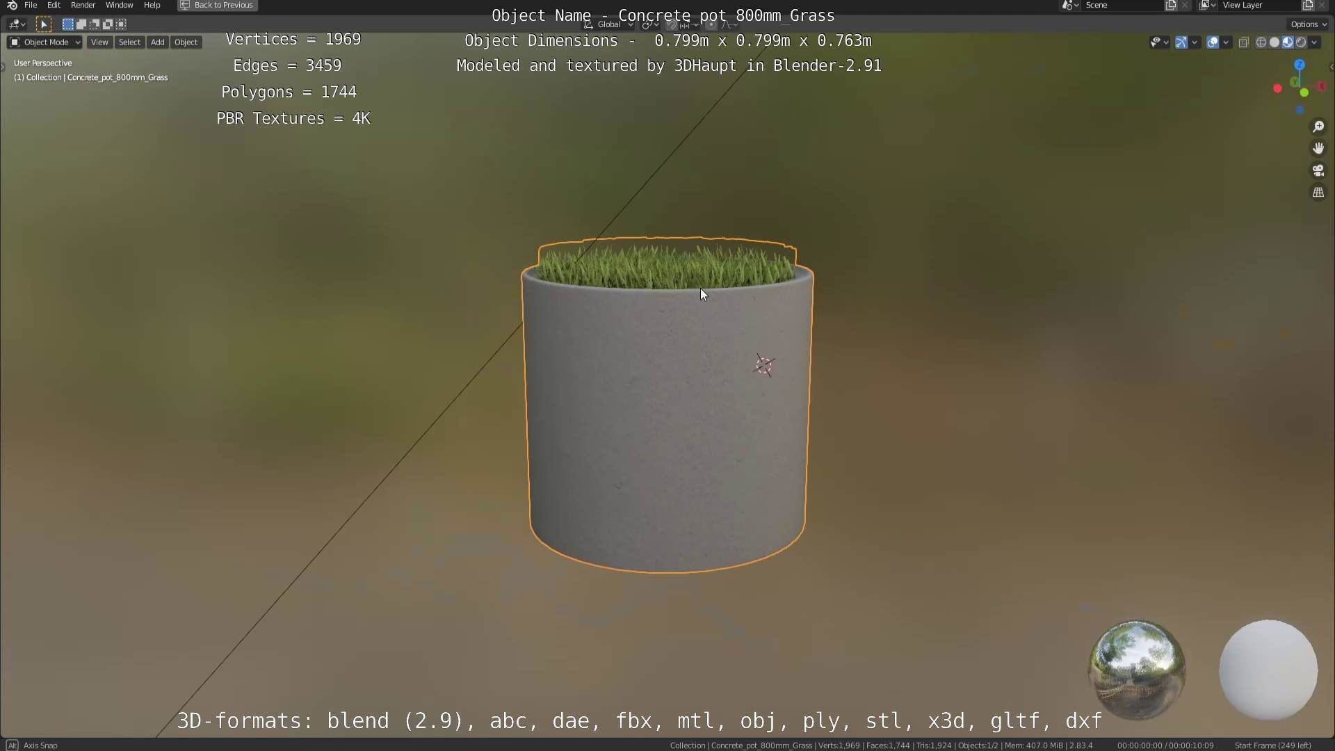 Concrete Pipe Pots with Grass 800mm Low-poly 3D model_11