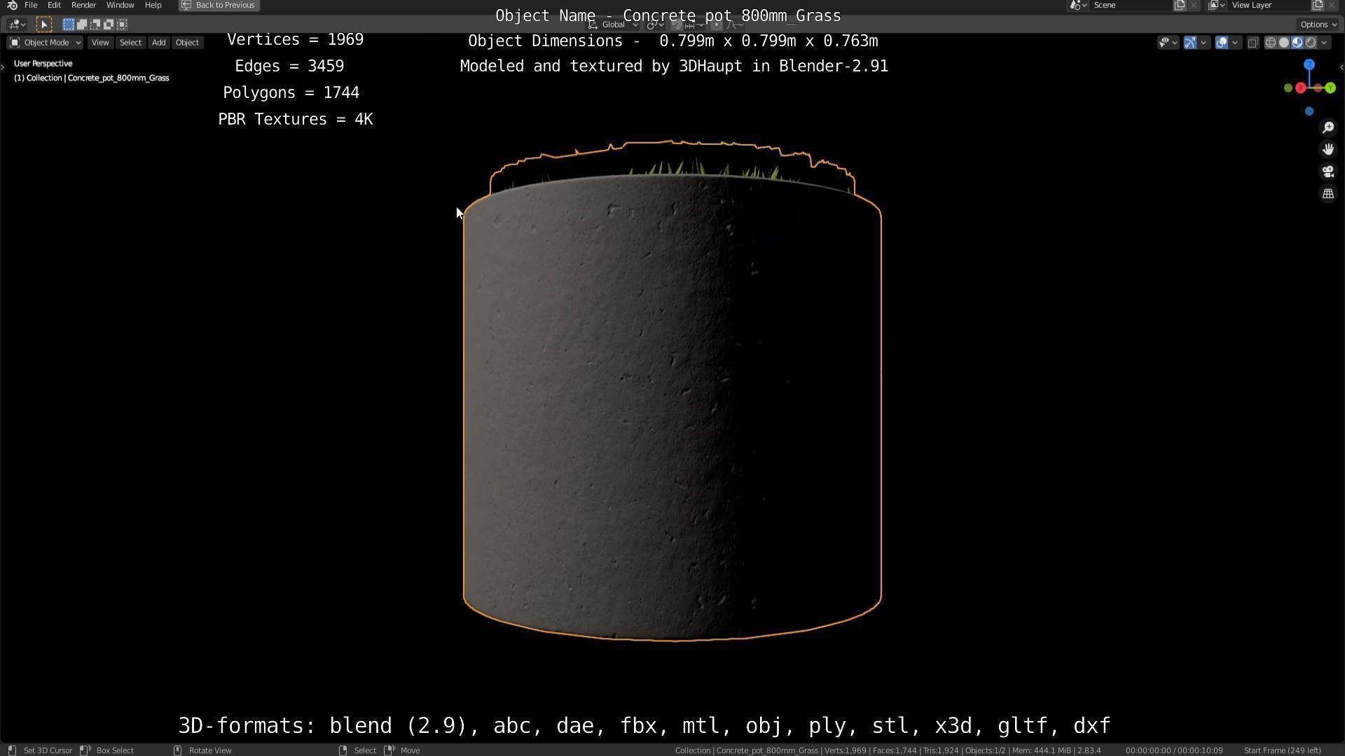Concrete Pipe Pots with Grass 800mm Low-poly 3D model_13