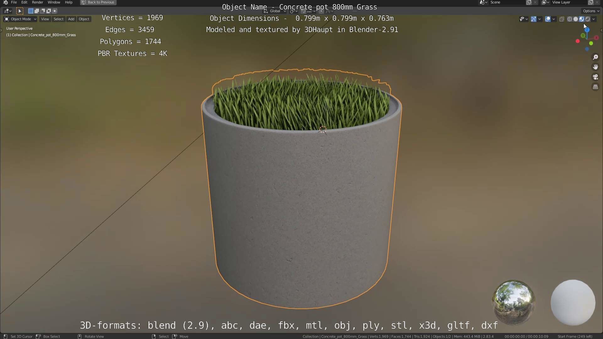 Concrete Pipe Pots with Grass 800mm Low-poly 3D model_96