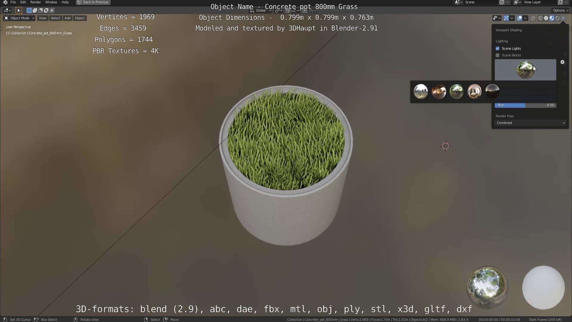 Concrete Pipe Pots with Grass 800mm Low-poly 3D model_35