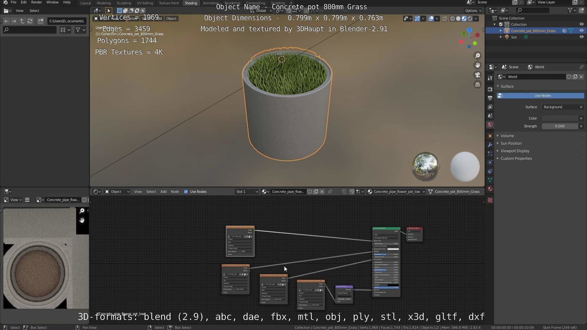 Concrete Pipe Pots with Grass 800mm Low-poly 3D model_73