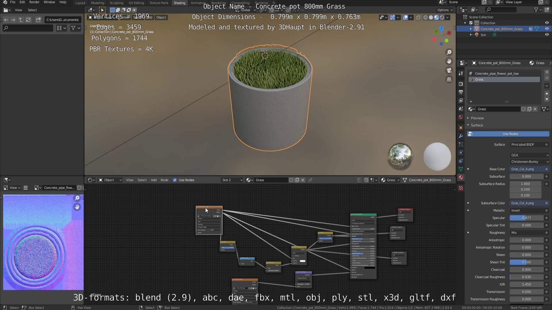 Concrete Pipe Pots with Grass 800mm Low-poly 3D model_87