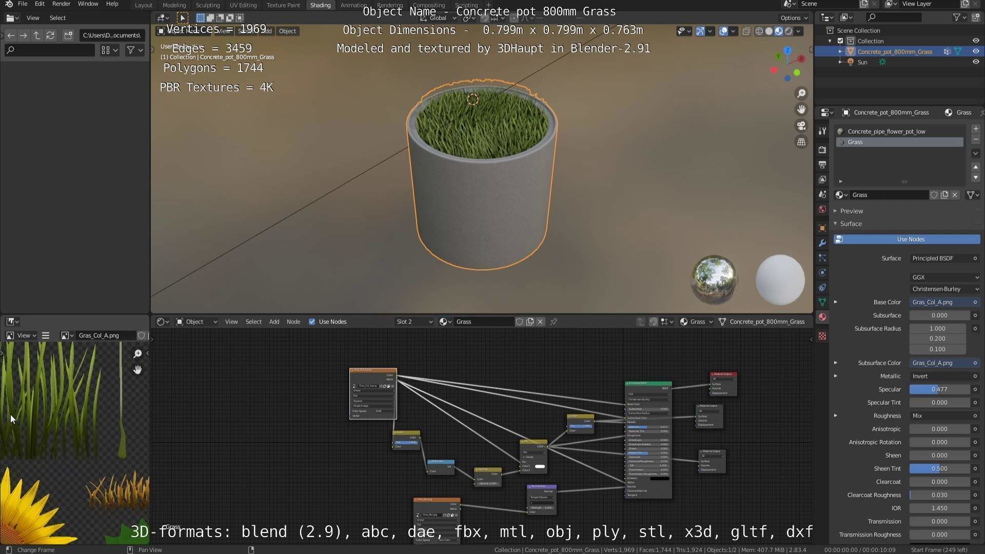 Concrete Pipe Pots with Grass 800mm Low-poly 3D model_90