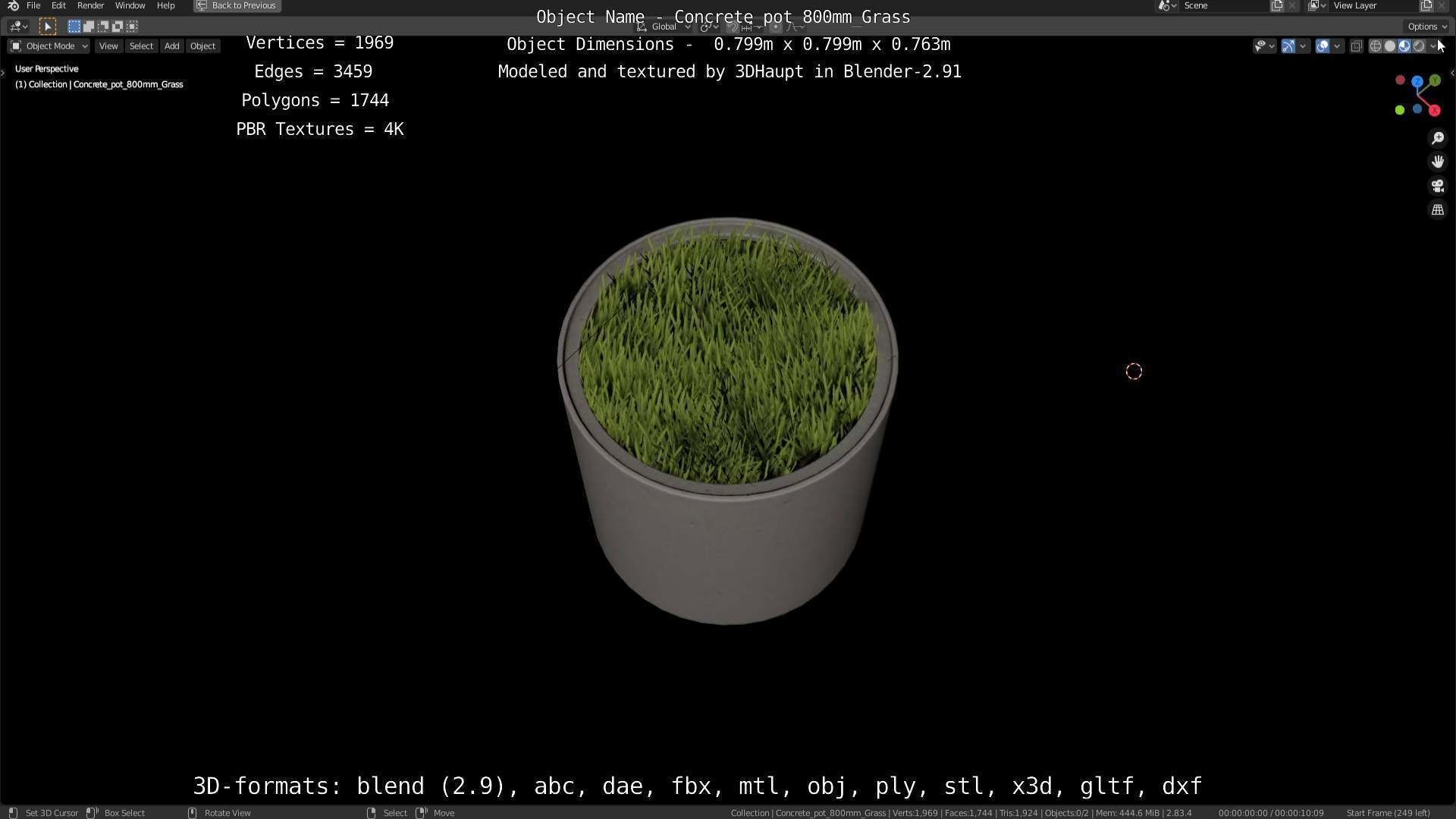 Concrete Pipe Pots with Grass 800mm Low-poly 3D model_30