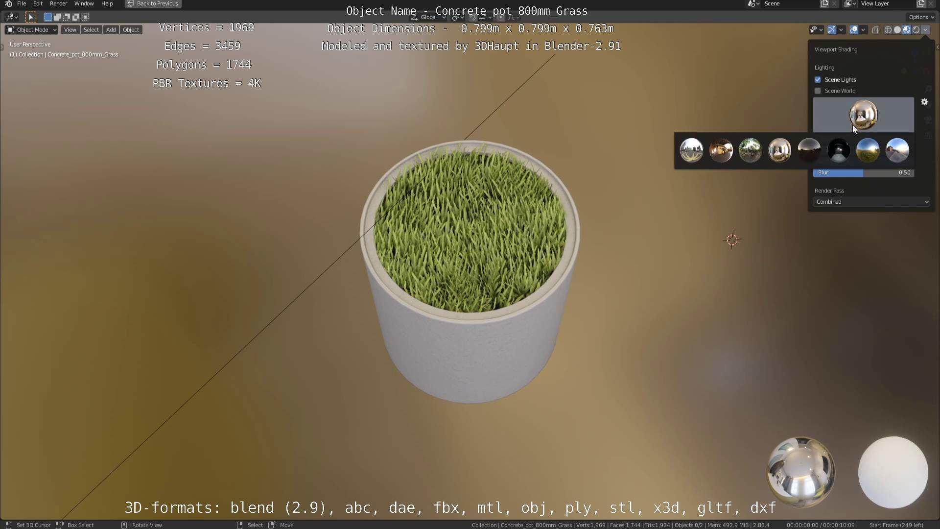Concrete Pipe Pots with Grass 800mm Low-poly 3D model_40
