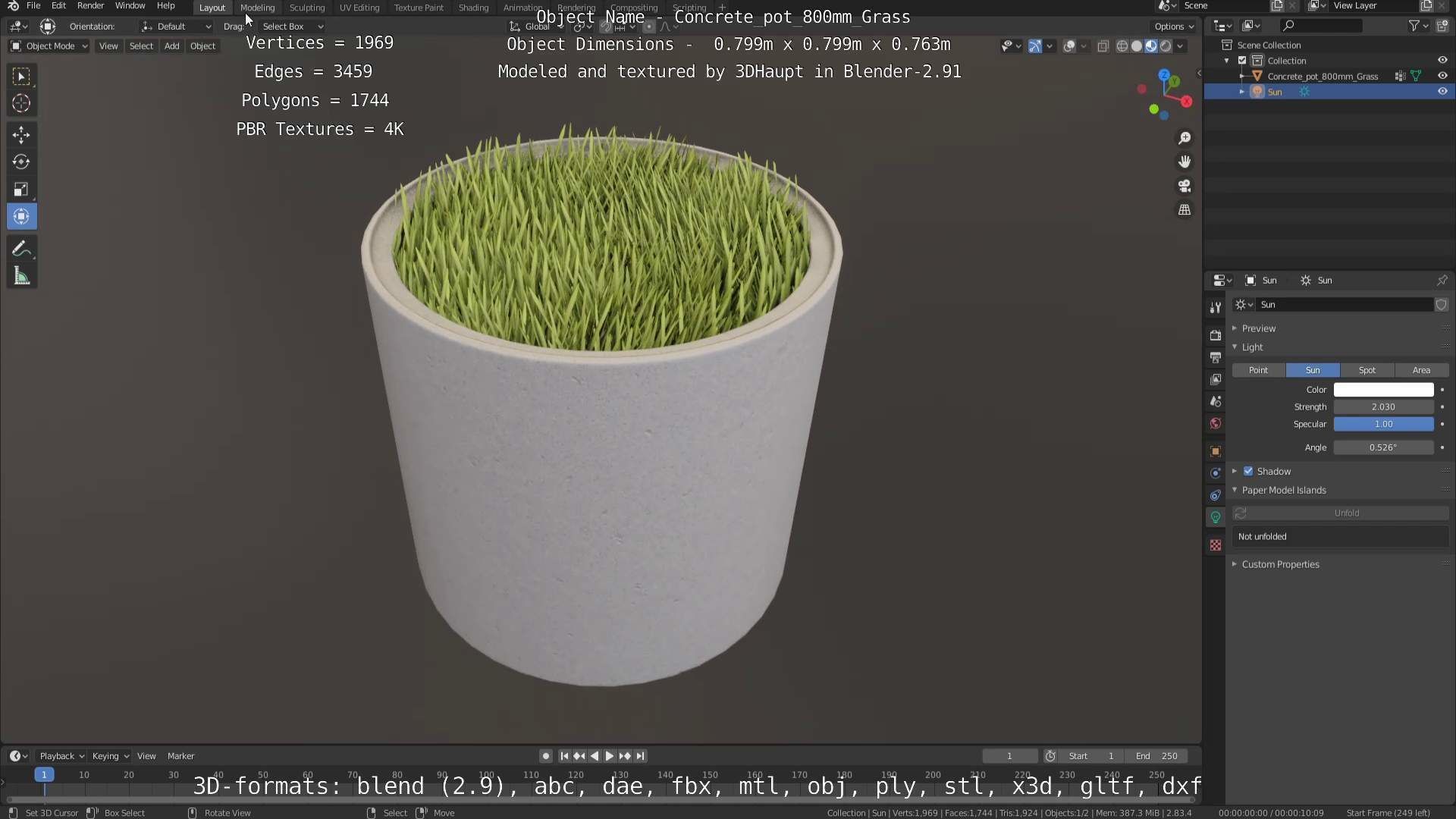 Concrete Pipe Pots with Grass 800mm Low-poly 3D model_67