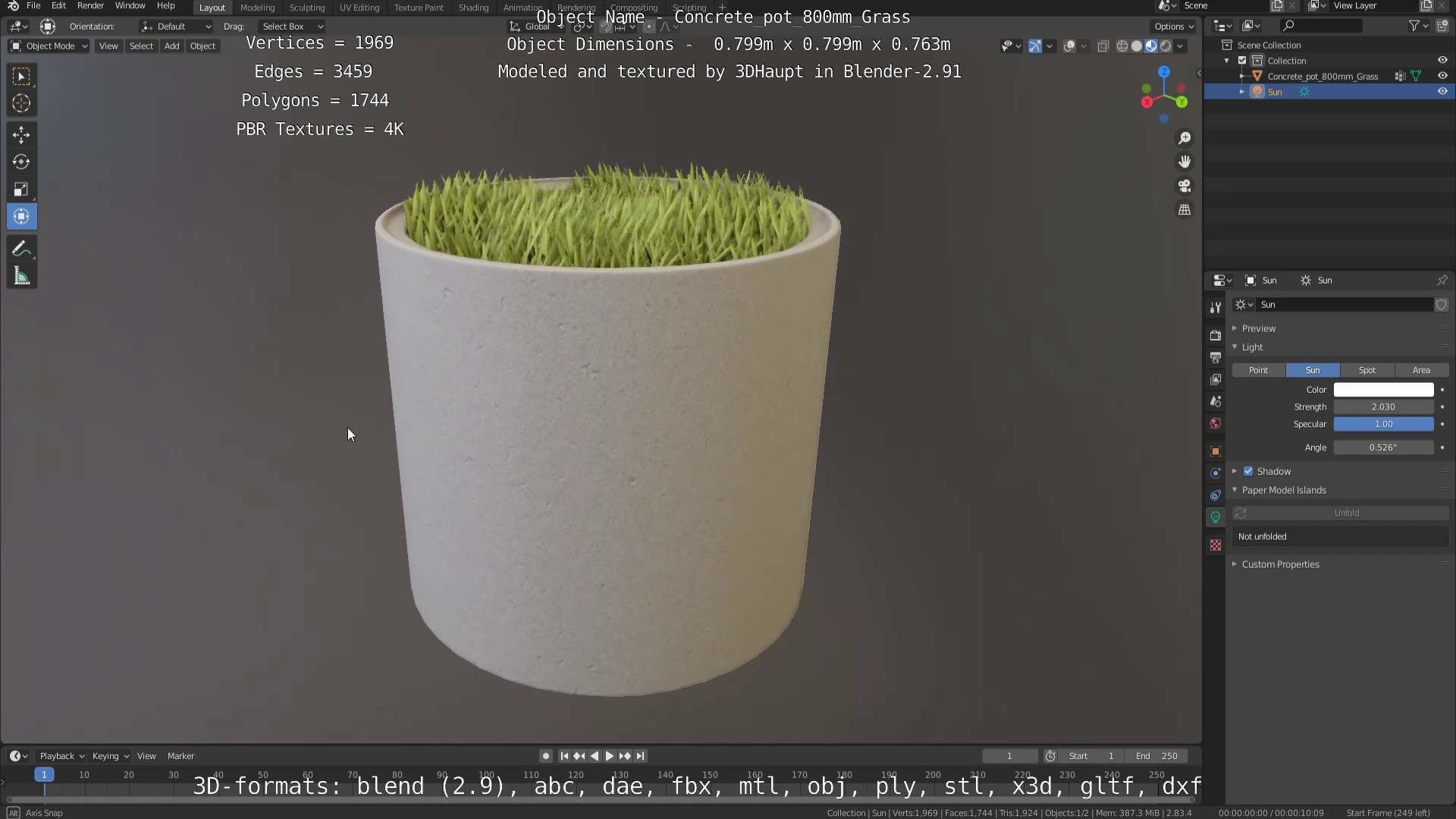 Concrete Pipe Pots with Grass 800mm Low-poly 3D model_56