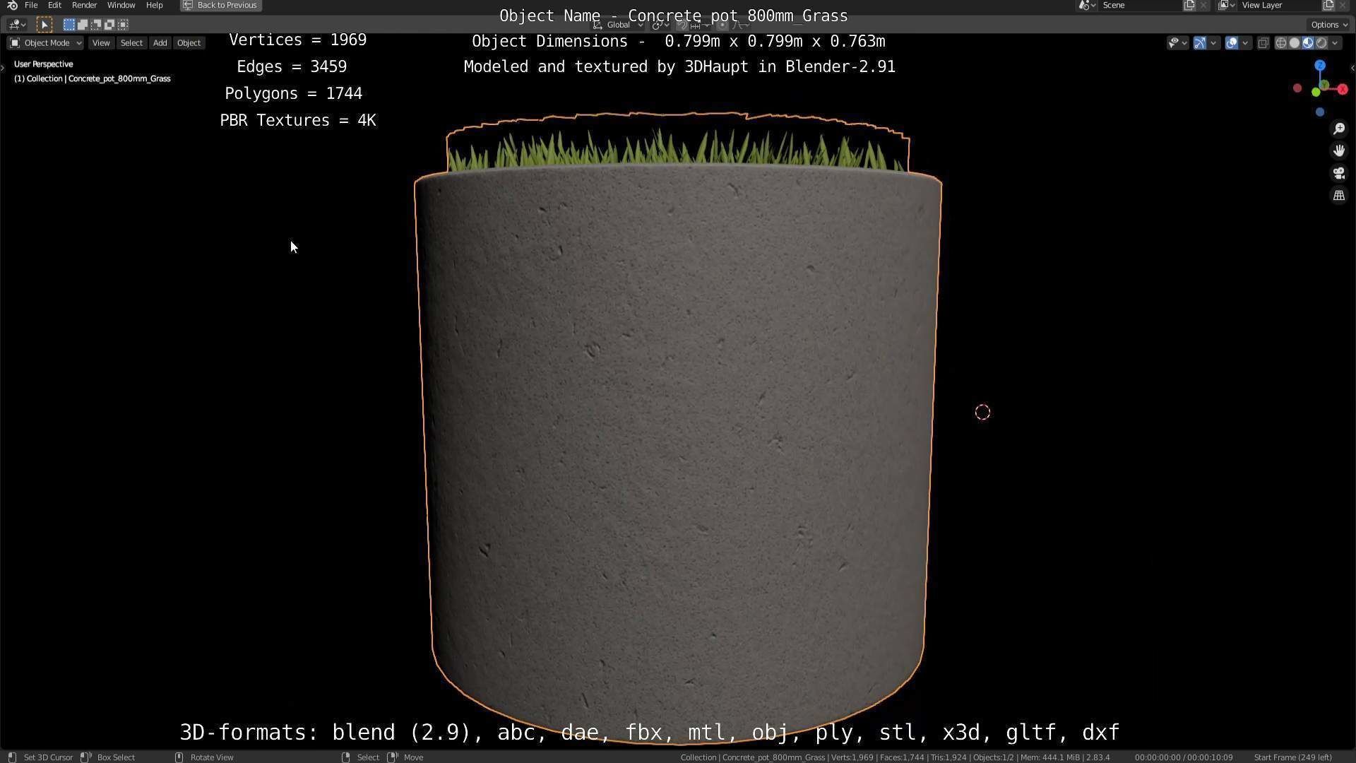 Concrete Pipe Pots with Grass 800mm Low-poly 3D model_115
