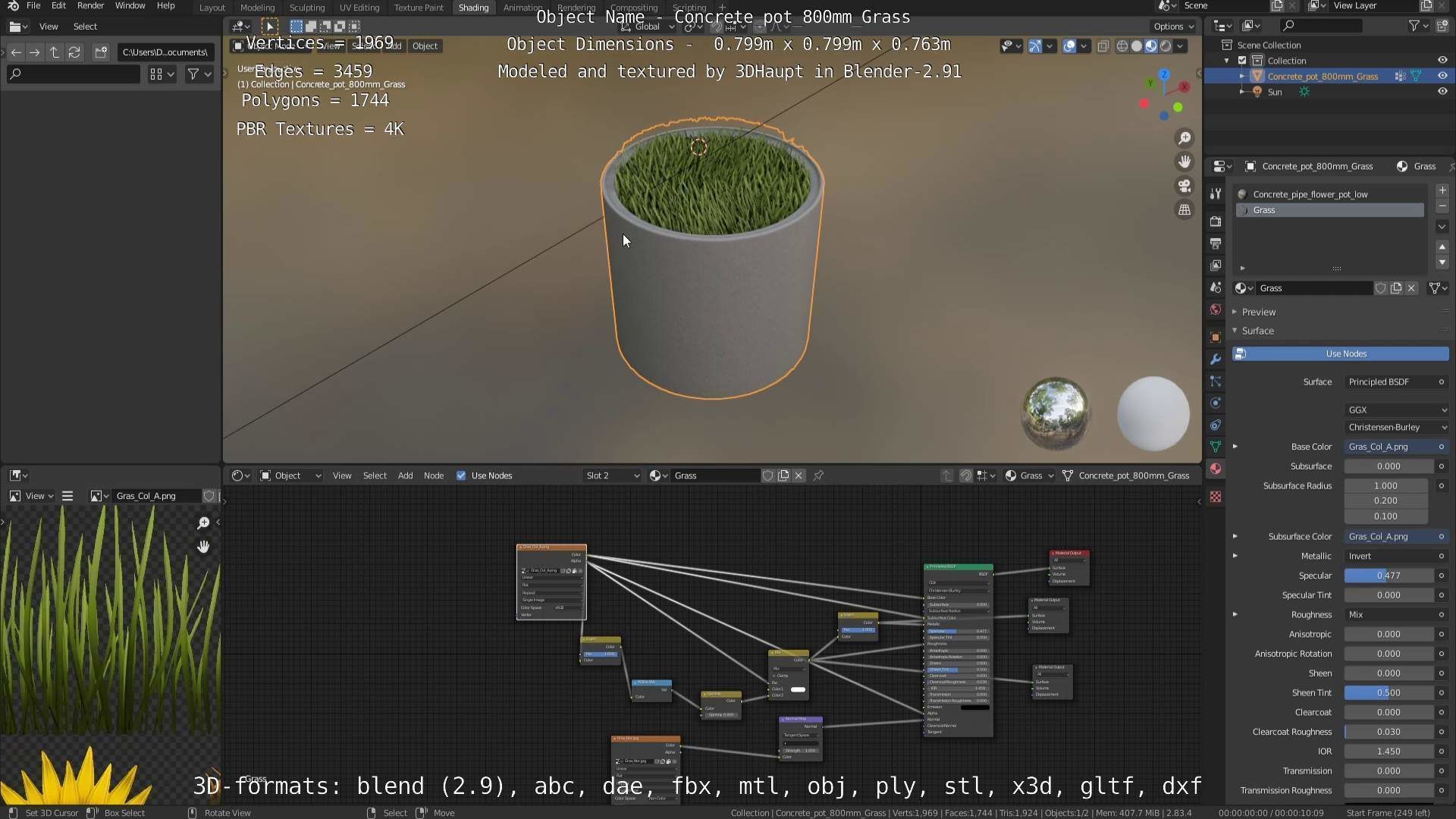 Concrete Pipe Pots with Grass 800mm Low-poly 3D model_10