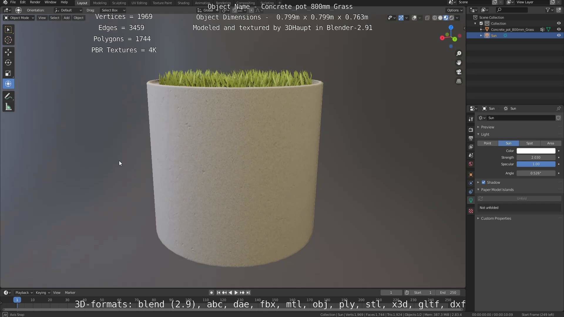 Concrete Pipe Pots with Grass 800mm Low-poly 3D model_4