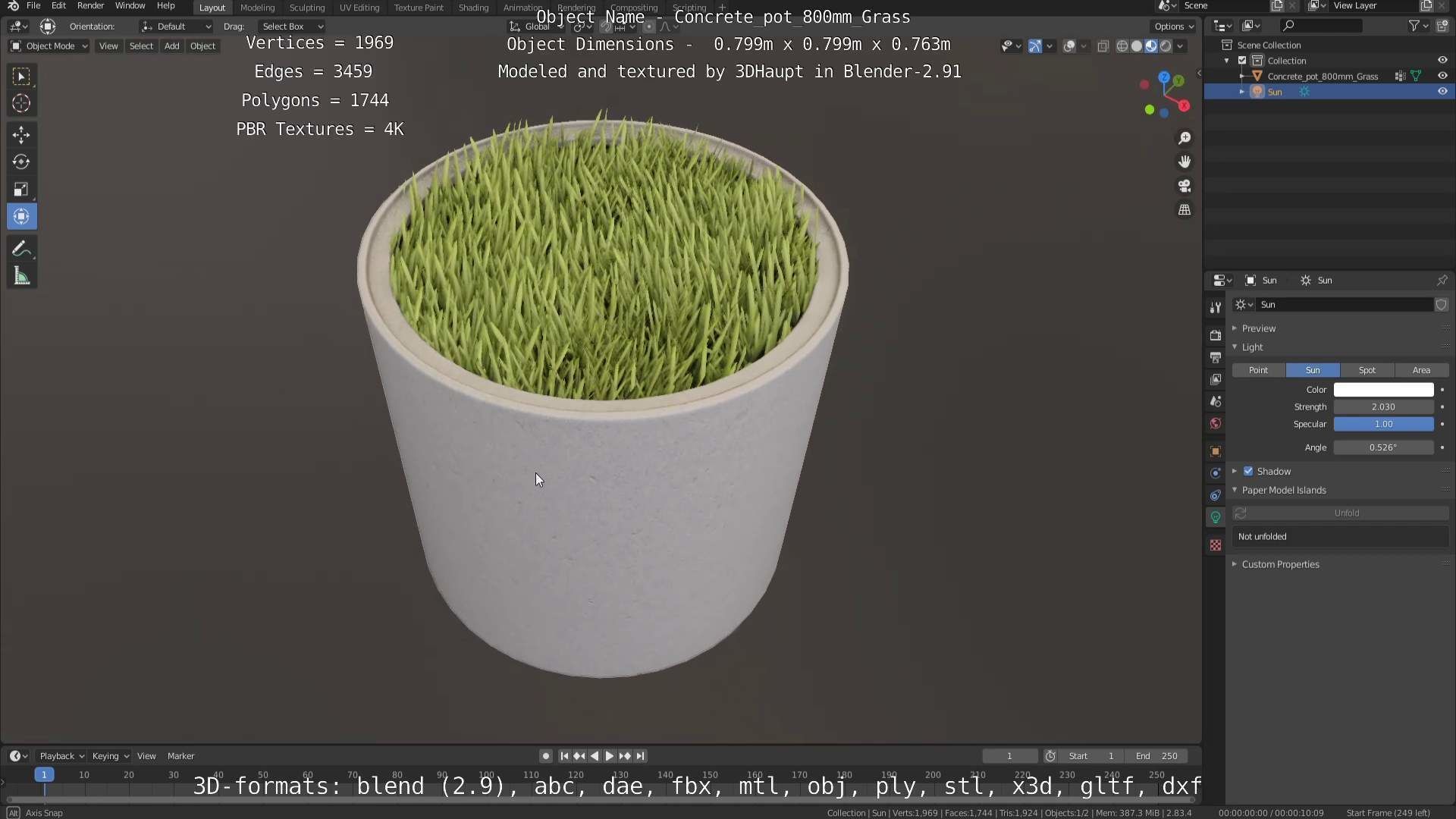 Concrete Pipe Pots with Grass 800mm Low-poly 3D model_62