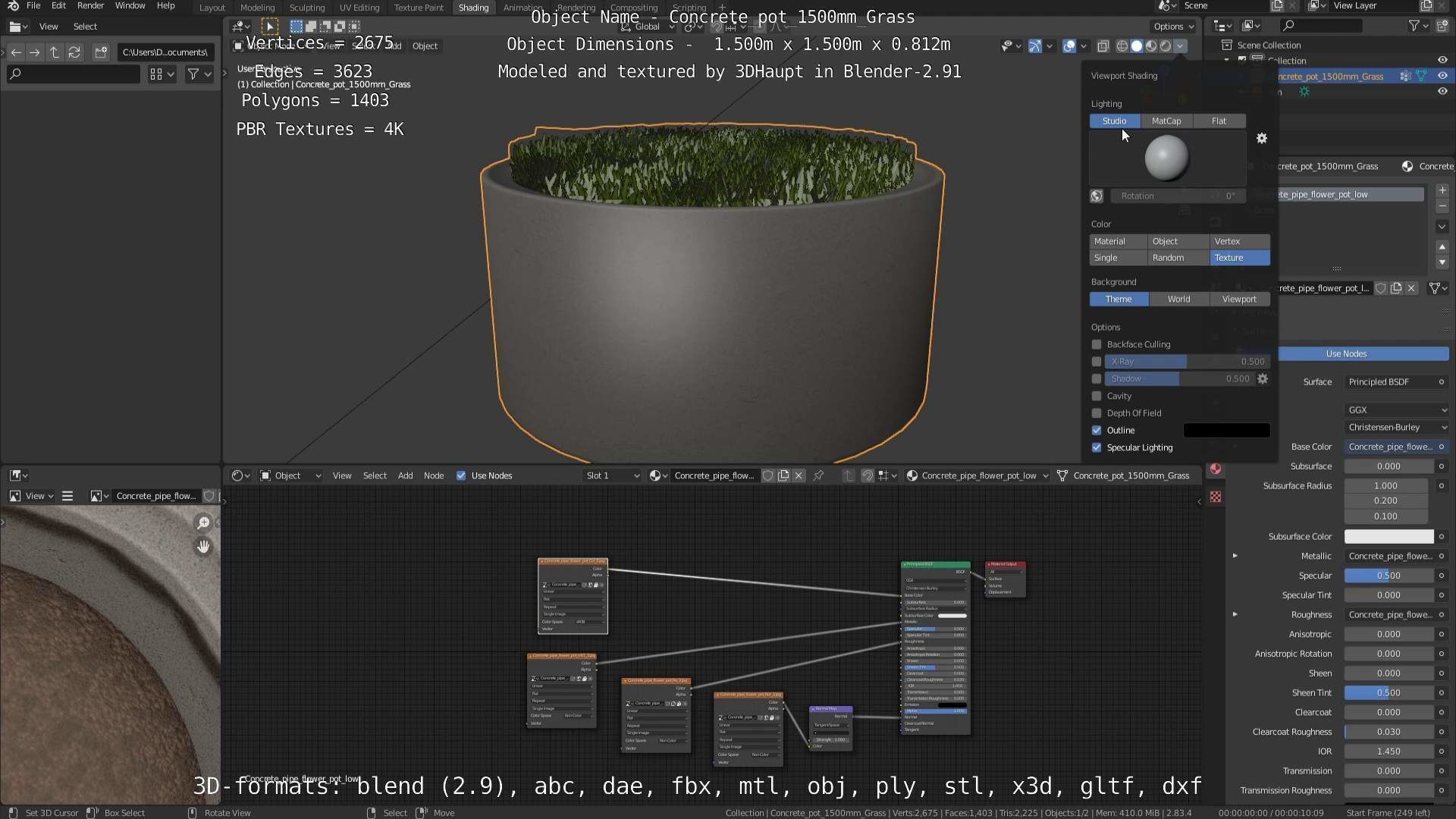 Concrete Pipe Pots with Grass 1500mm  Low-poly 3D model_6