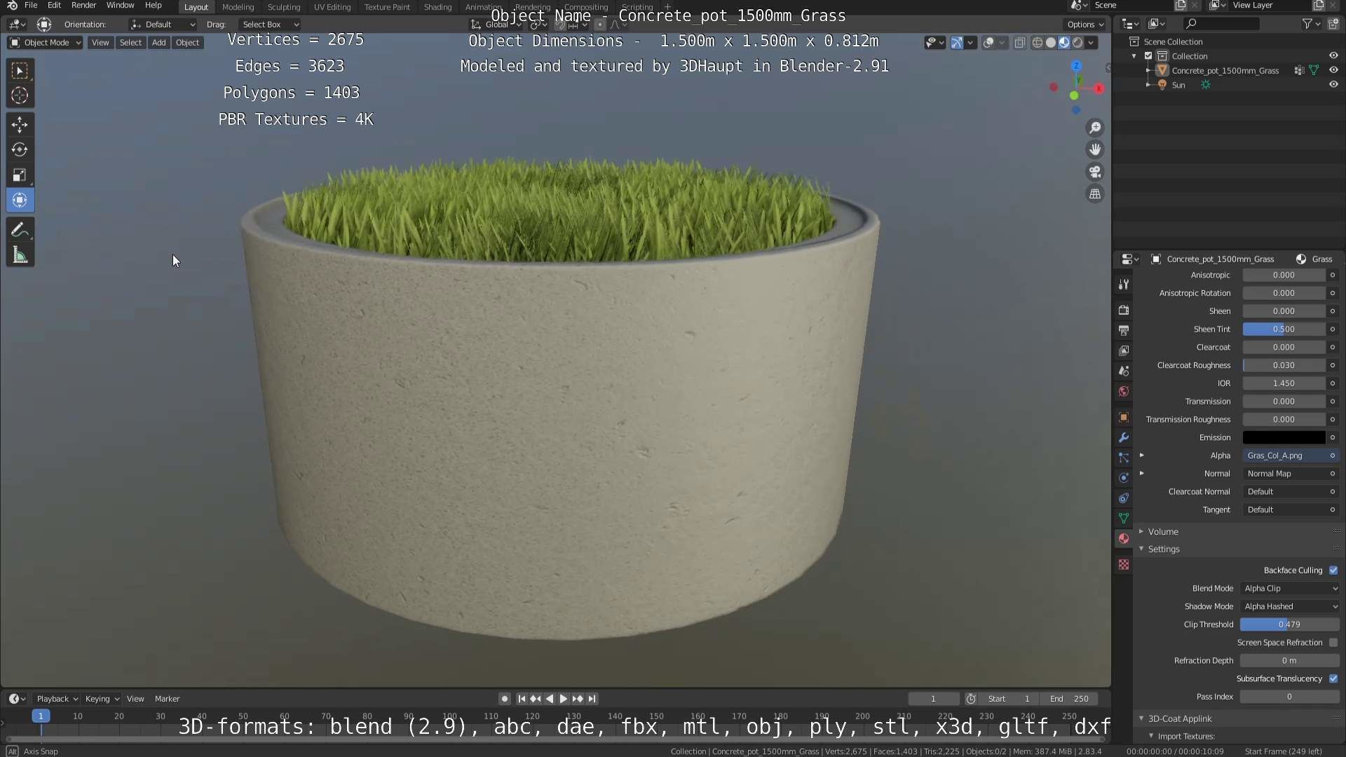 Concrete Pipe Pots with Grass 1500mm  Low-poly 3D model_31