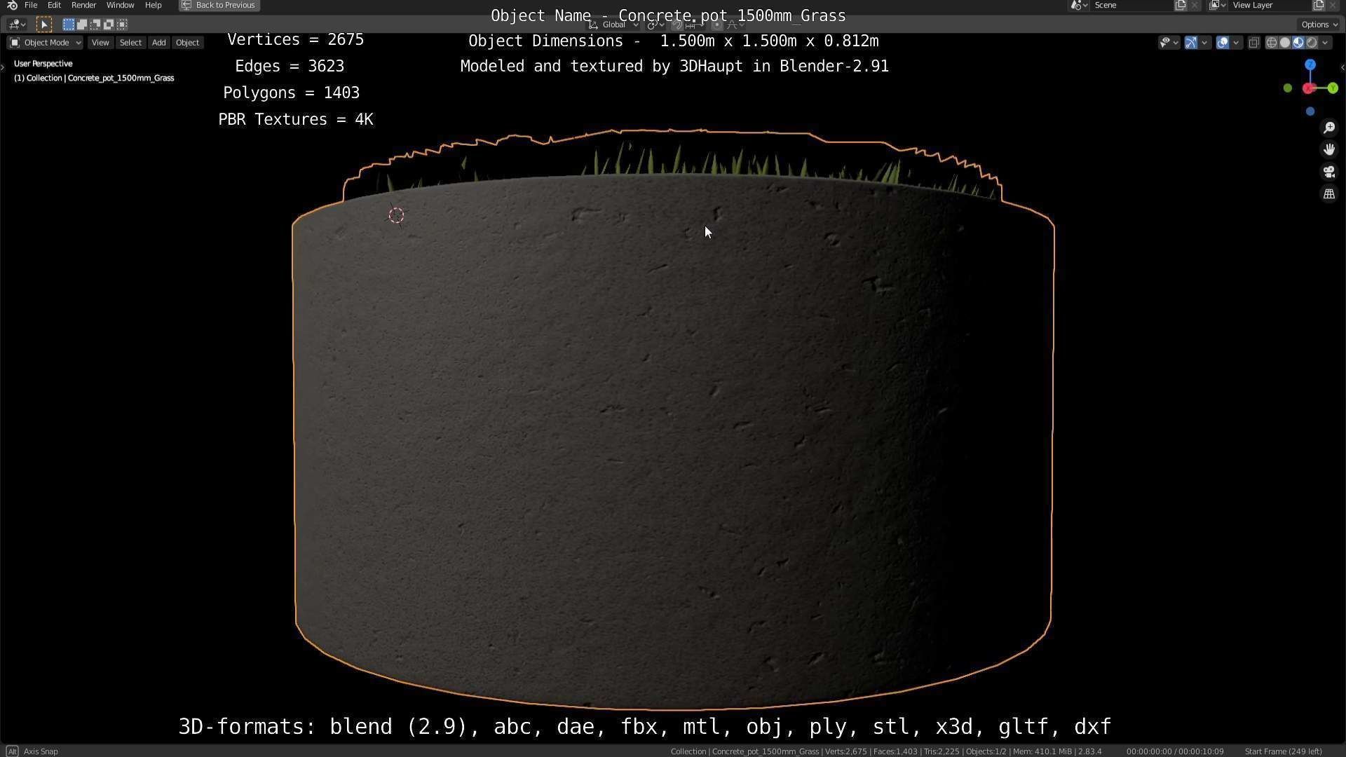 Concrete Pipe Pots with Grass 1500mm  Low-poly 3D model_7