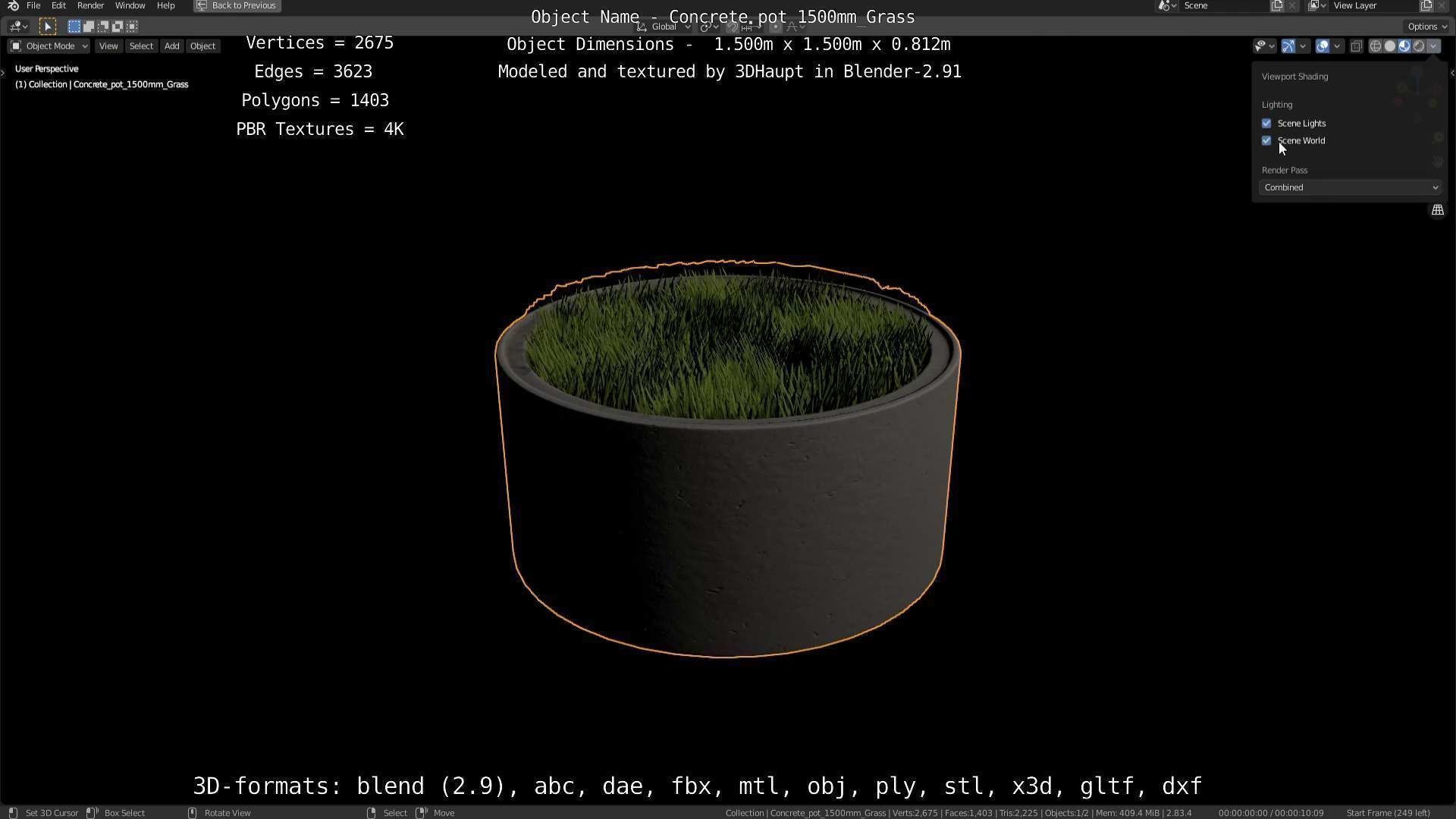 Concrete Pipe Pots with Grass 1500mm  Low-poly 3D model_93