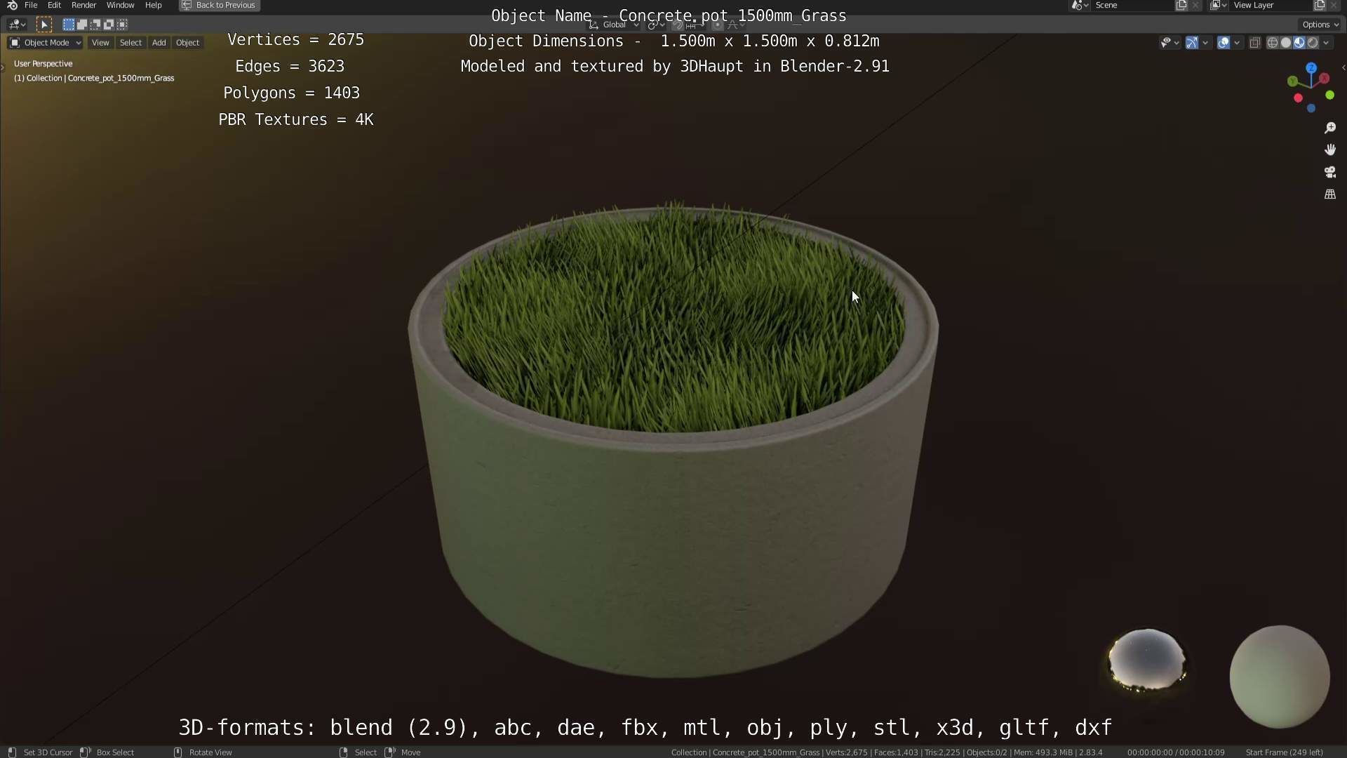 Concrete Pipe Pots with Grass 1500mm  Low-poly 3D model_17