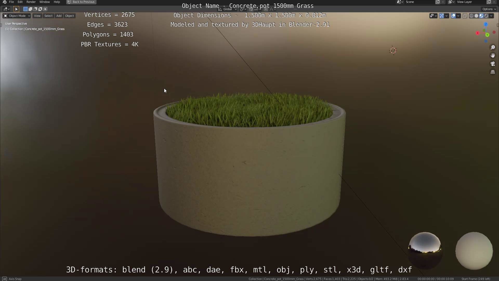 Concrete Pipe Pots with Grass 1500mm  Low-poly 3D model_96