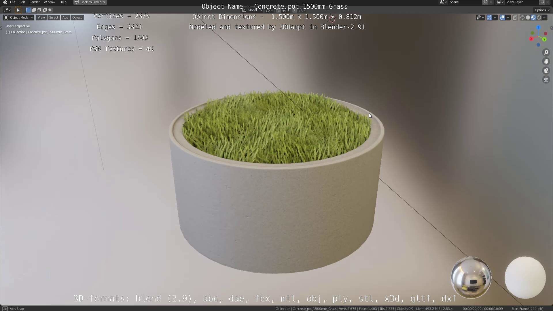 Concrete Pipe Pots with Grass 1500mm  Low-poly 3D model_95