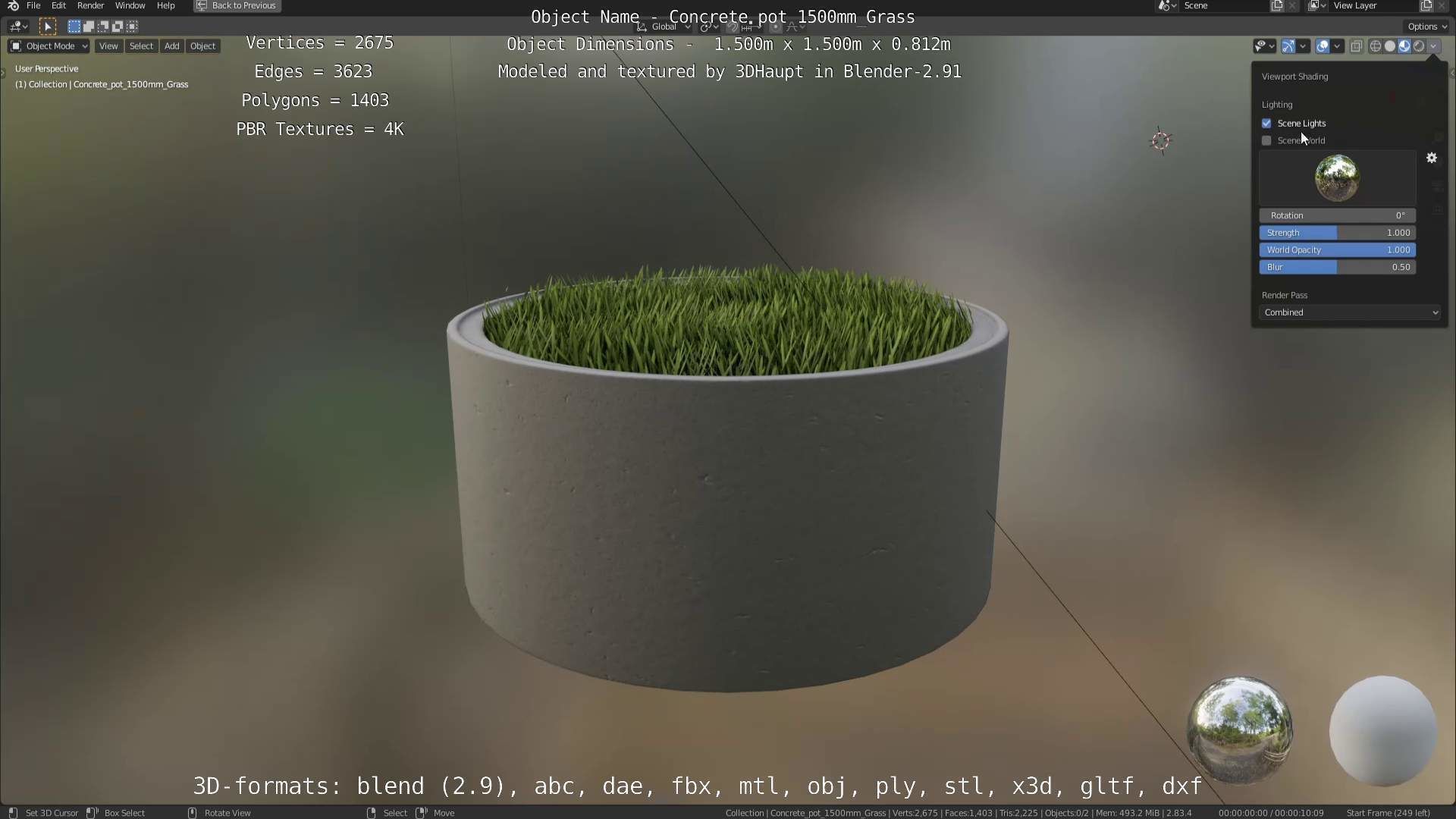 Concrete Pipe Pots with Grass 1500mm  Low-poly 3D model_75