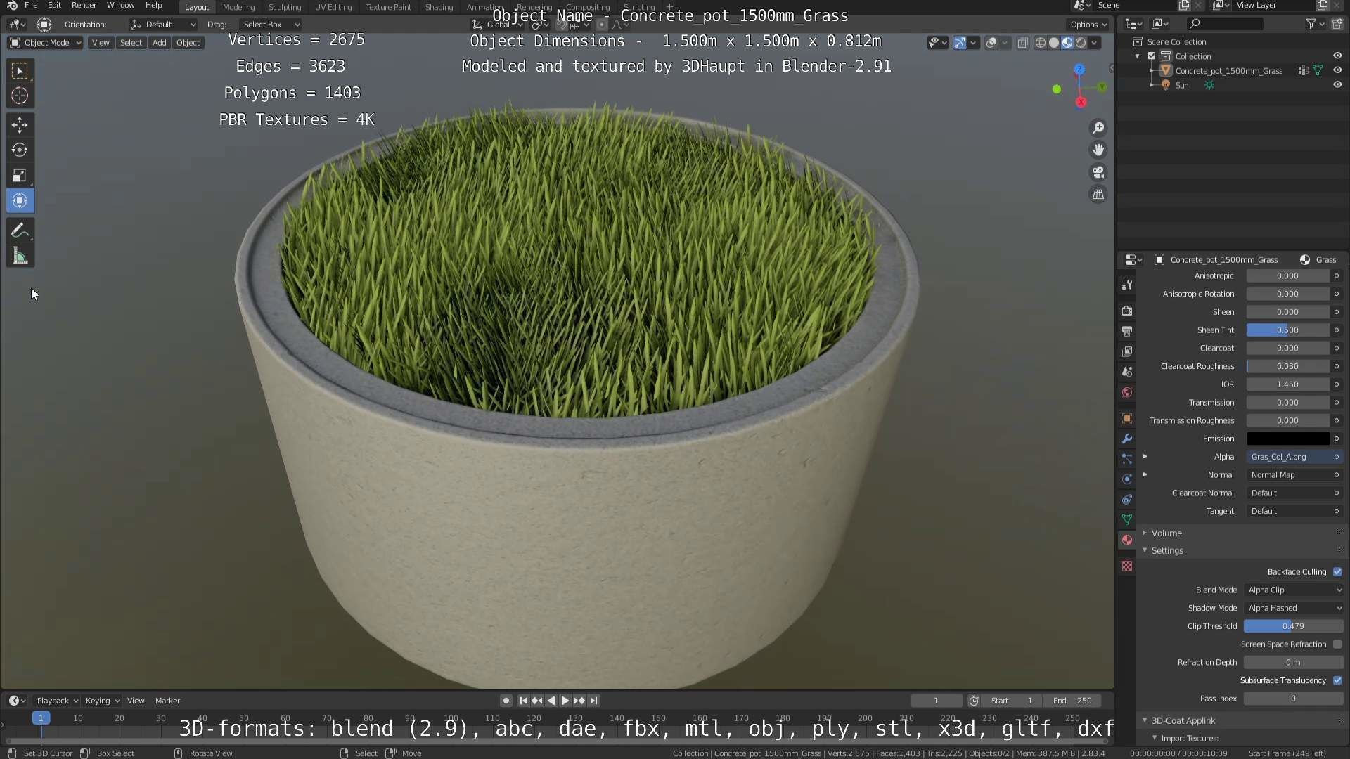 Concrete Pipe Pots with Grass 1500mm  Low-poly 3D model_32