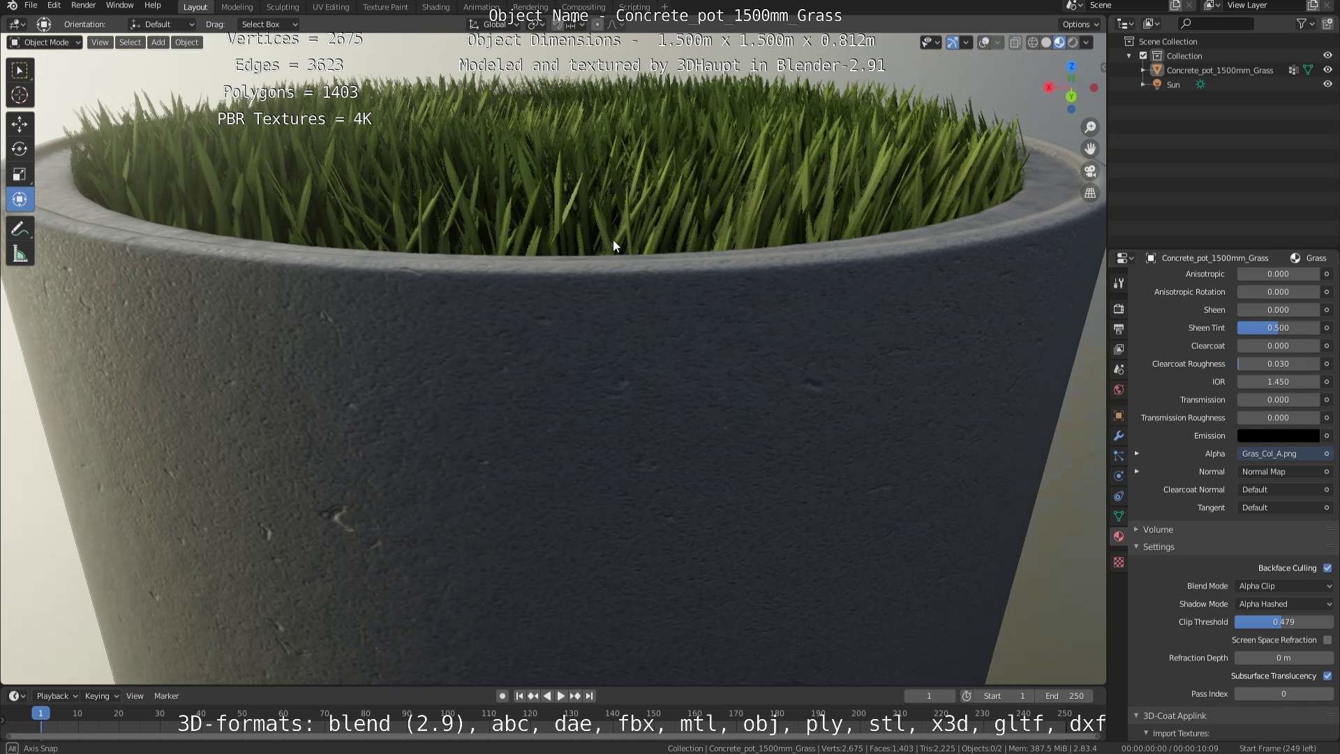 Concrete Pipe Pots with Grass 1500mm  Low-poly 3D model_74