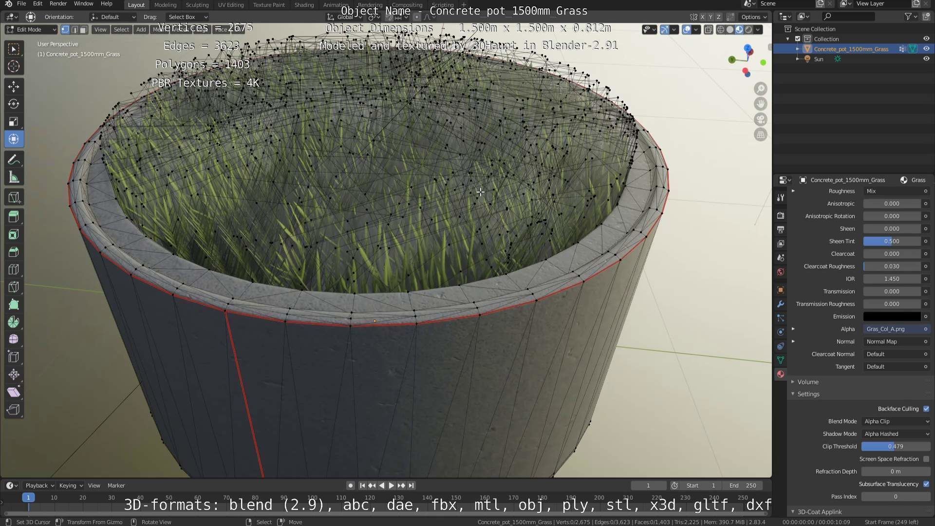 Concrete Pipe Pots with Grass 1500mm  Low-poly 3D model_39